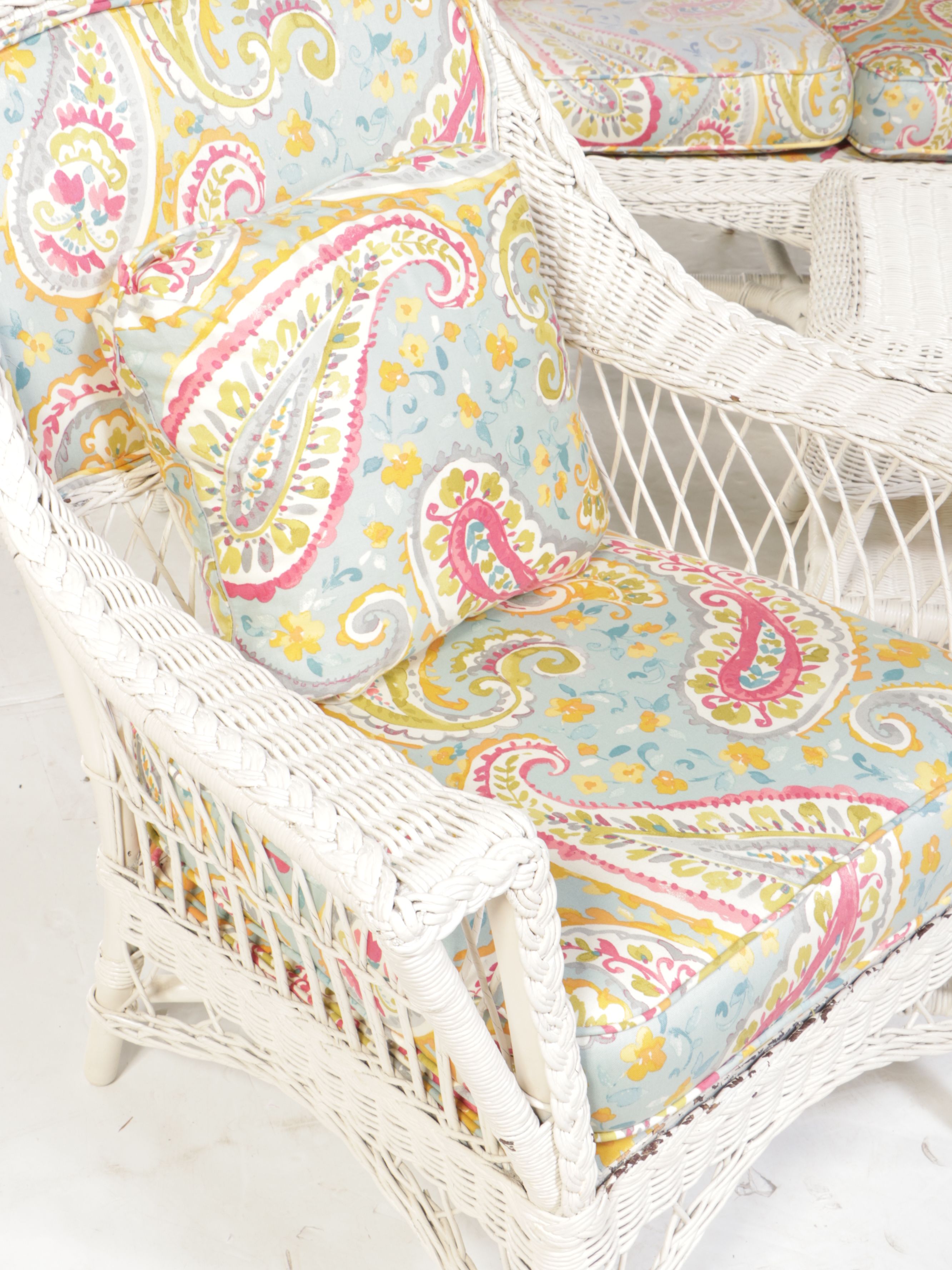 White Painted Wicker Rattan Five-Piece Patio Lounge Set