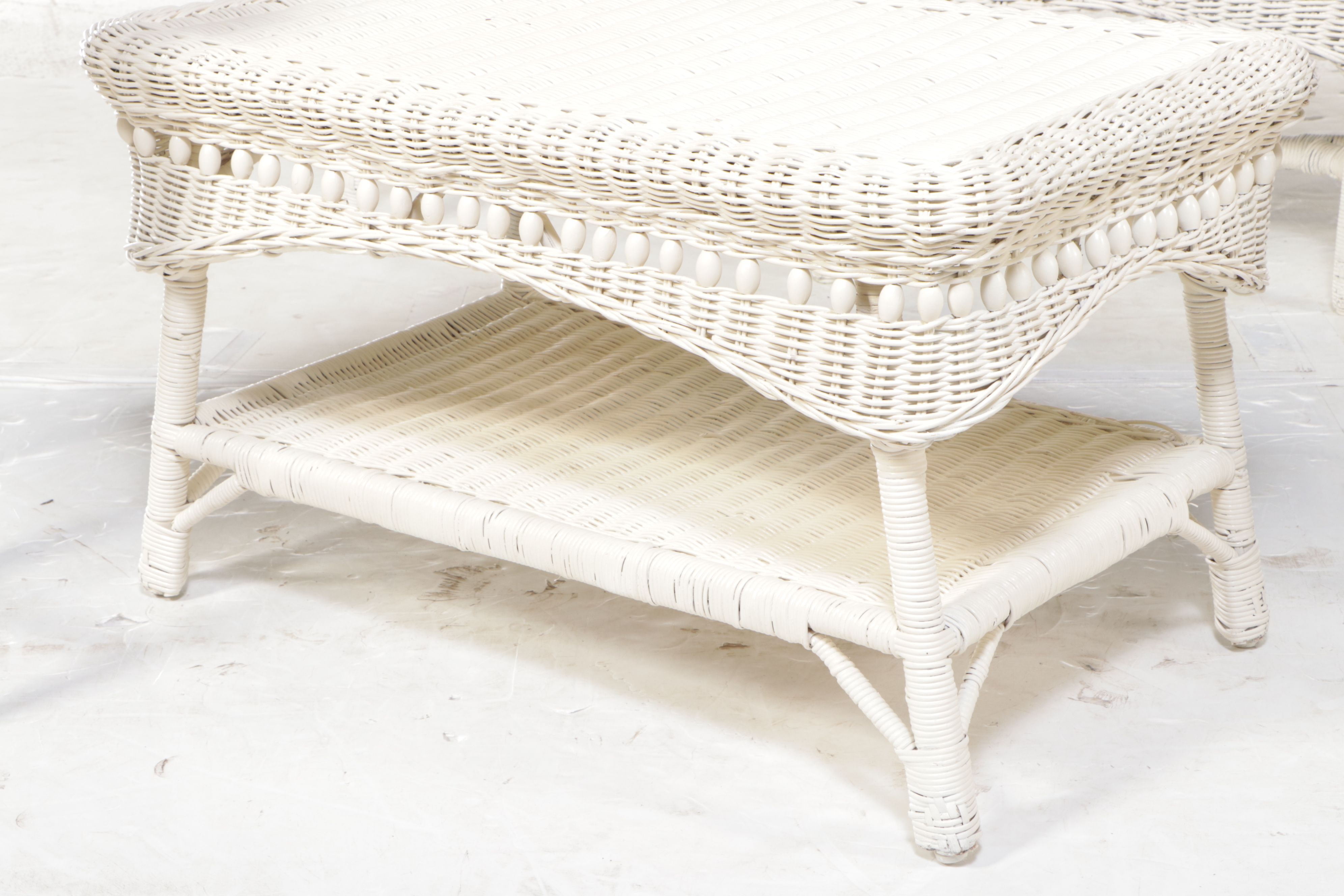 White Painted Wicker Rattan Five-Piece Patio Lounge Set