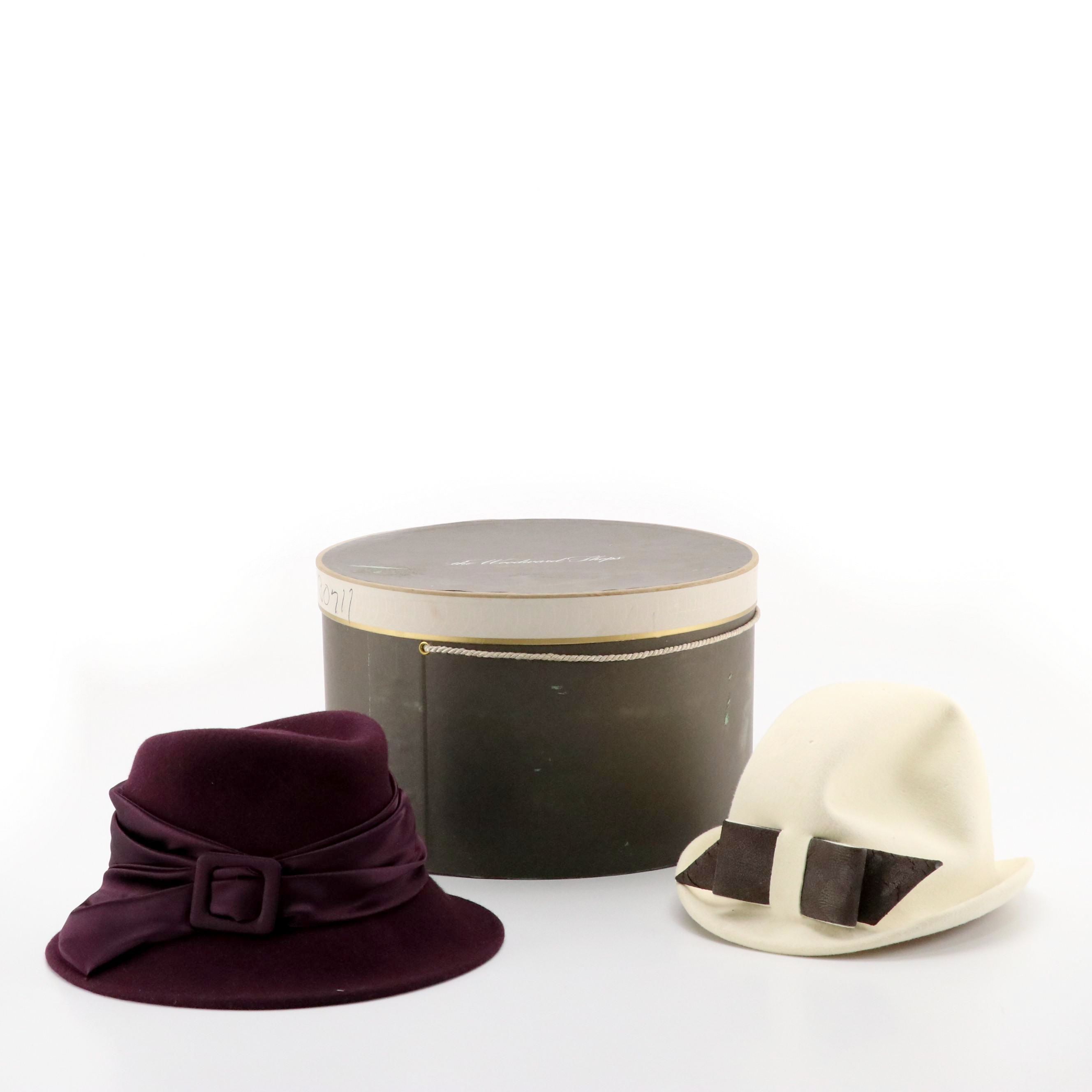 Frank Olive White Helmet Cloche and Betmar Purple Fedora with Hat Box