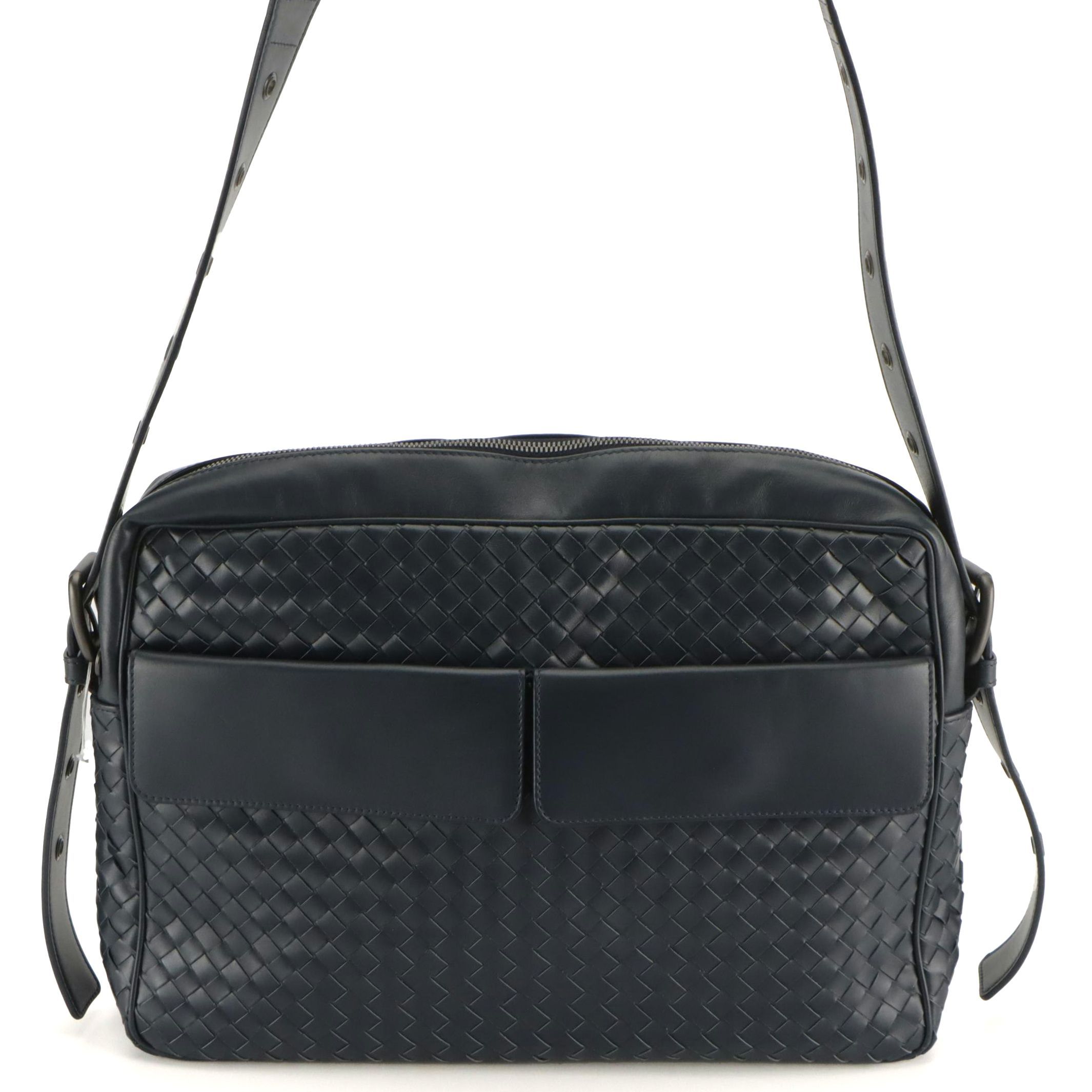 Bottega Veneta Navy Intrecciato Leather Dual Flap Pocket Large Shoulder Bag