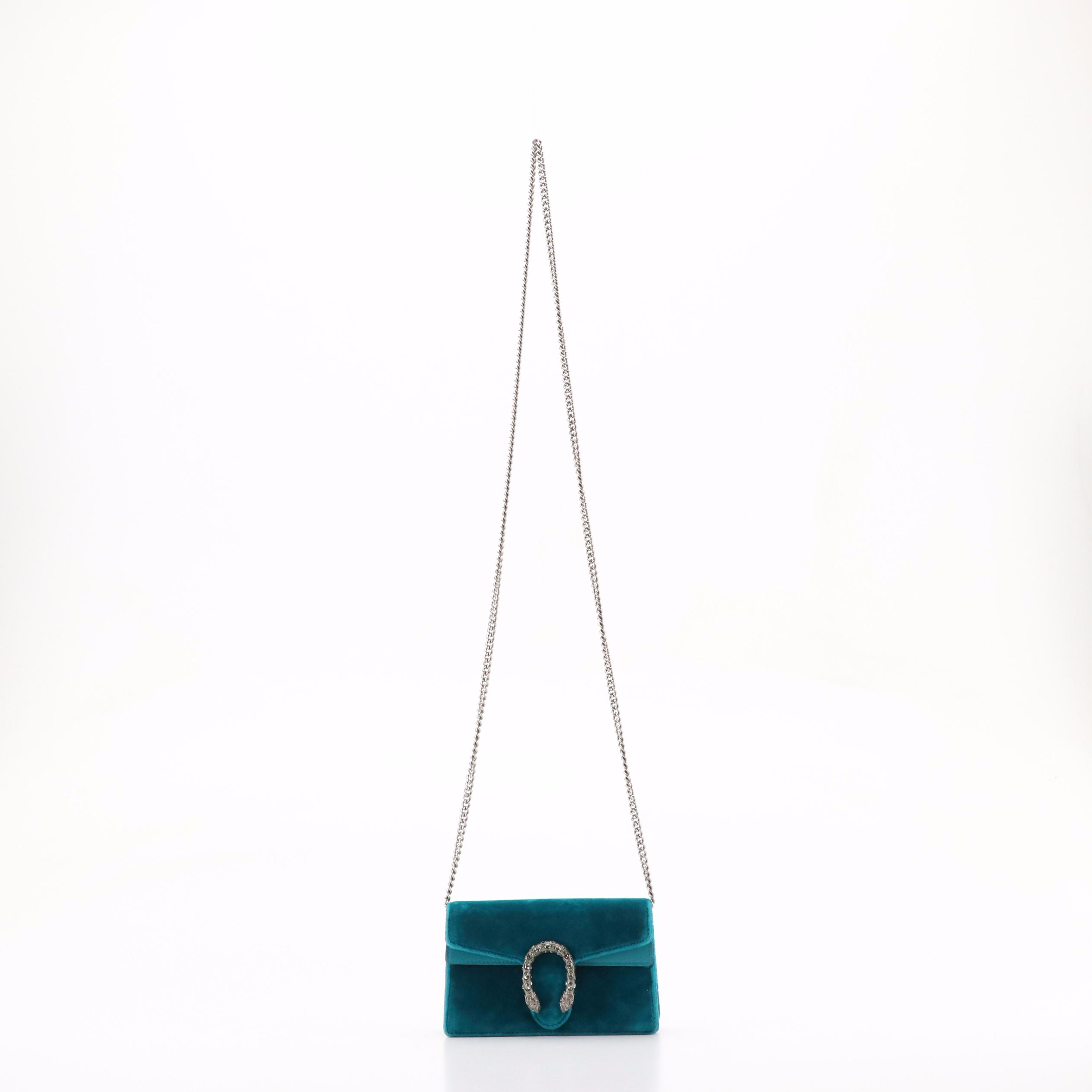 Gucci Super Mini Dionysus Crossbody in Turquoise Velvet and Leather Trim