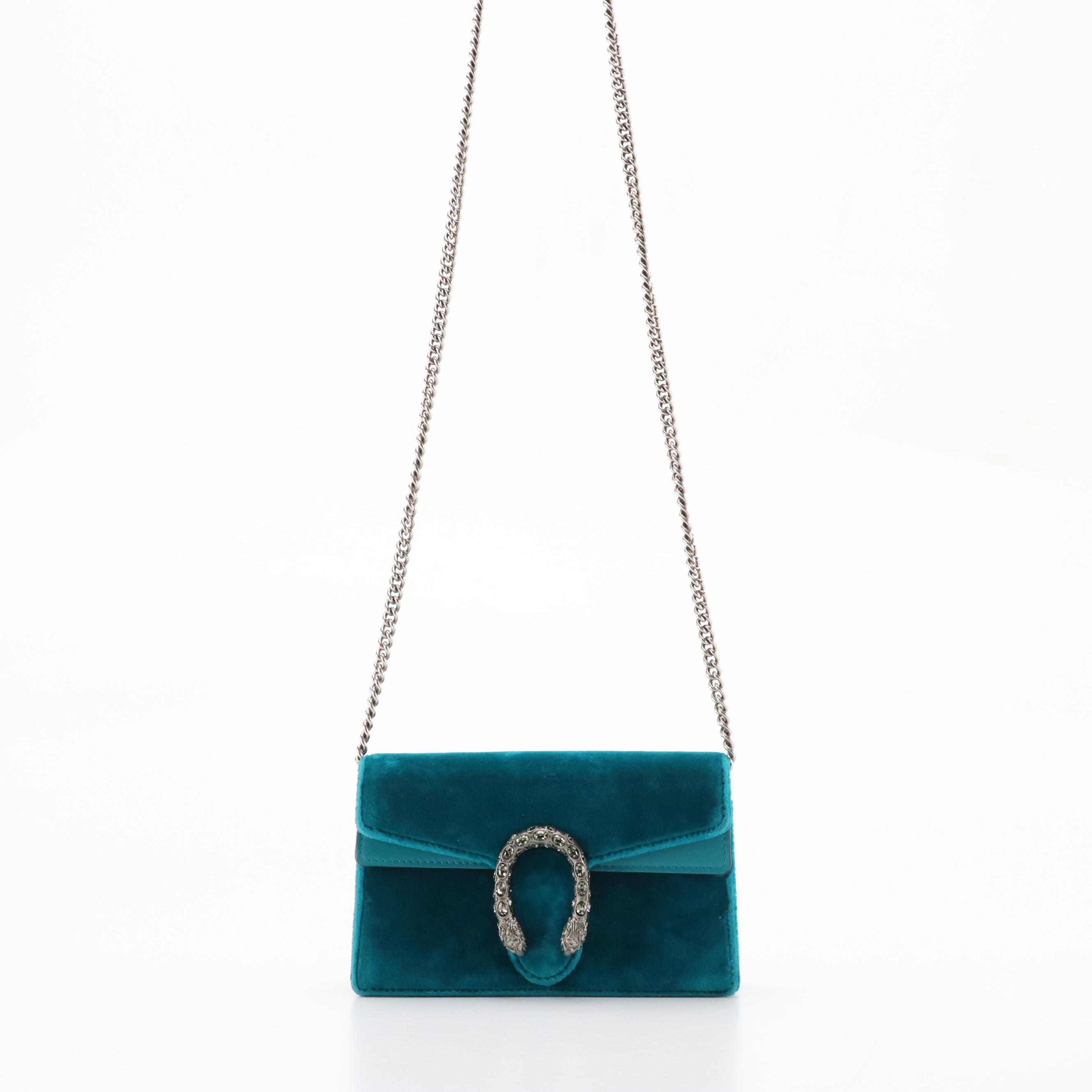 Gucci Super Mini Dionysus Crossbody in Turquoise Velvet and Leather Trim