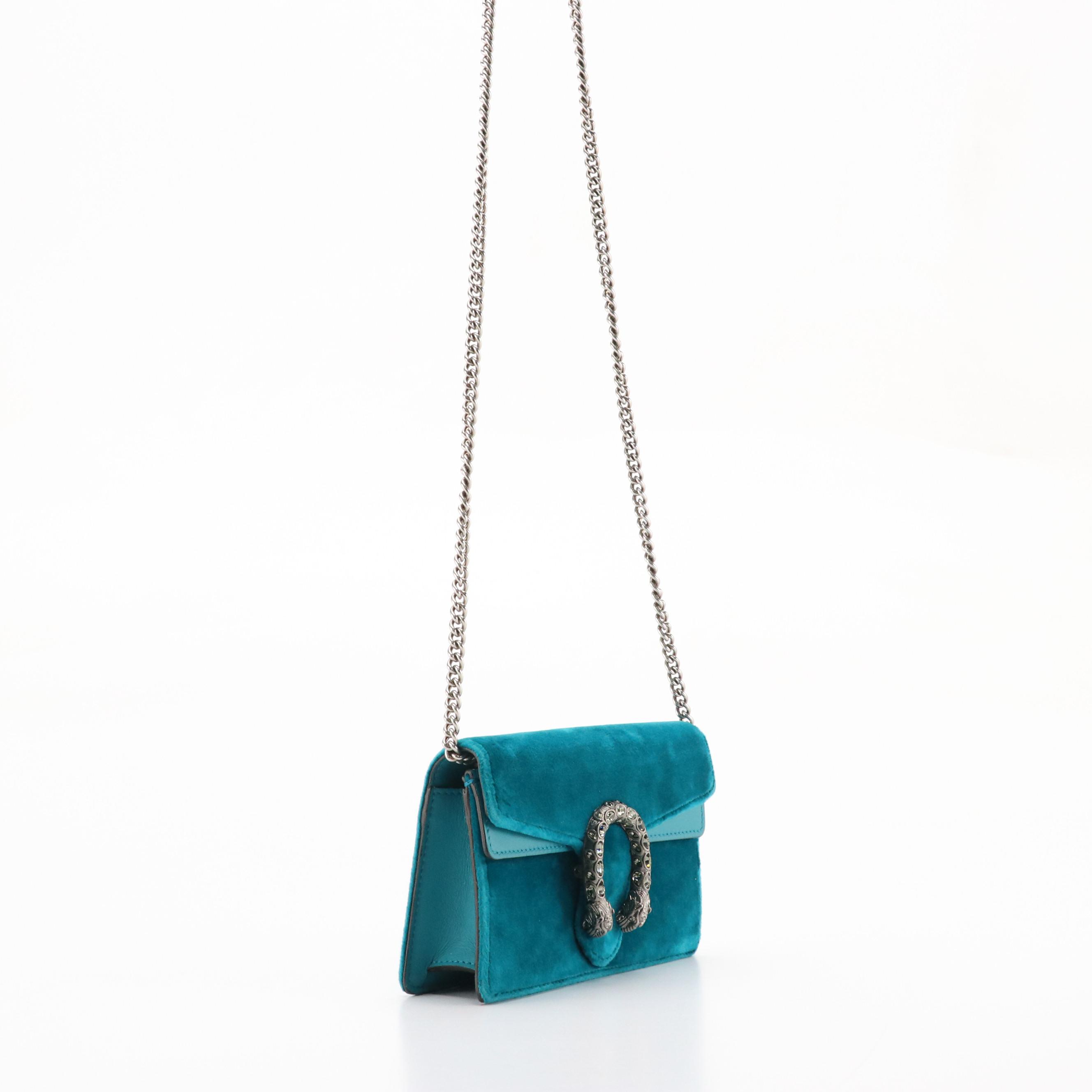 Gucci Super Mini Dionysus Crossbody in Turquoise Velvet and Leather Trim
