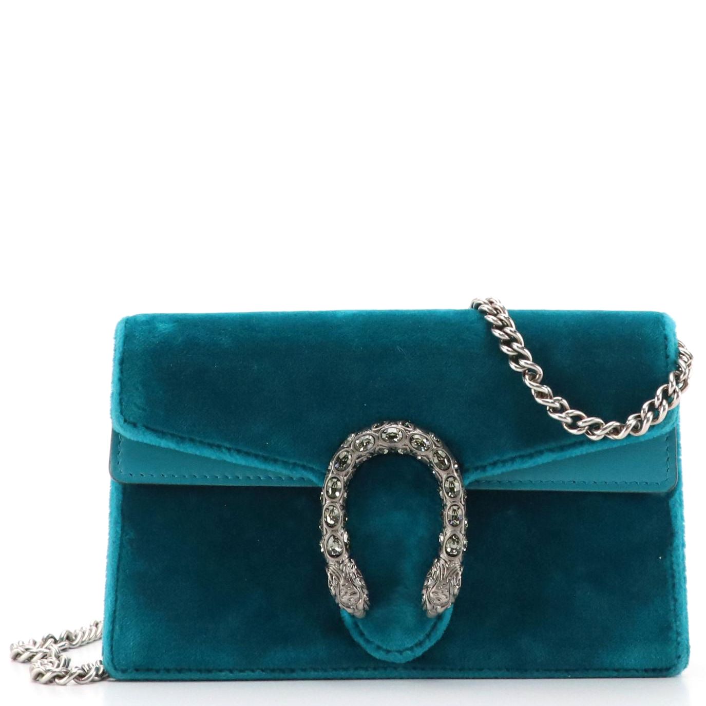 Gucci Super Mini Dionysus Crossbody in Turquoise Velvet and Leather Trim