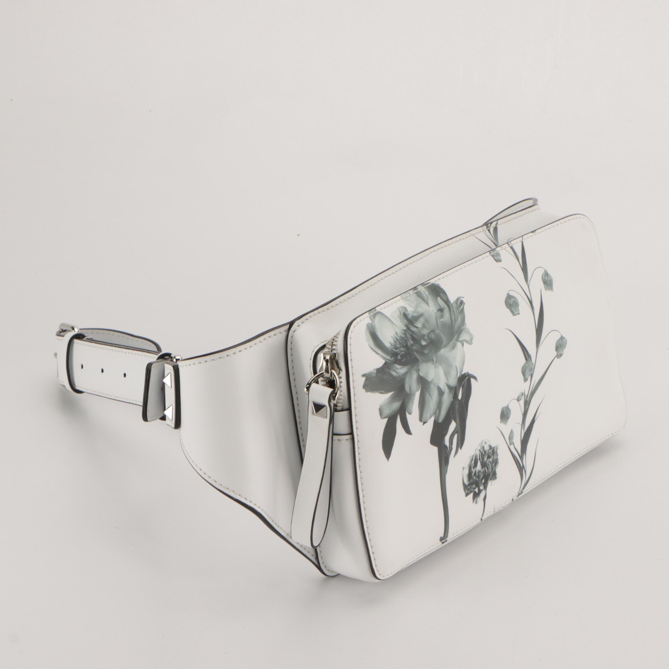 Valentino Garavani Floral Printed Belt Bag in Bright White Calfskin Leather