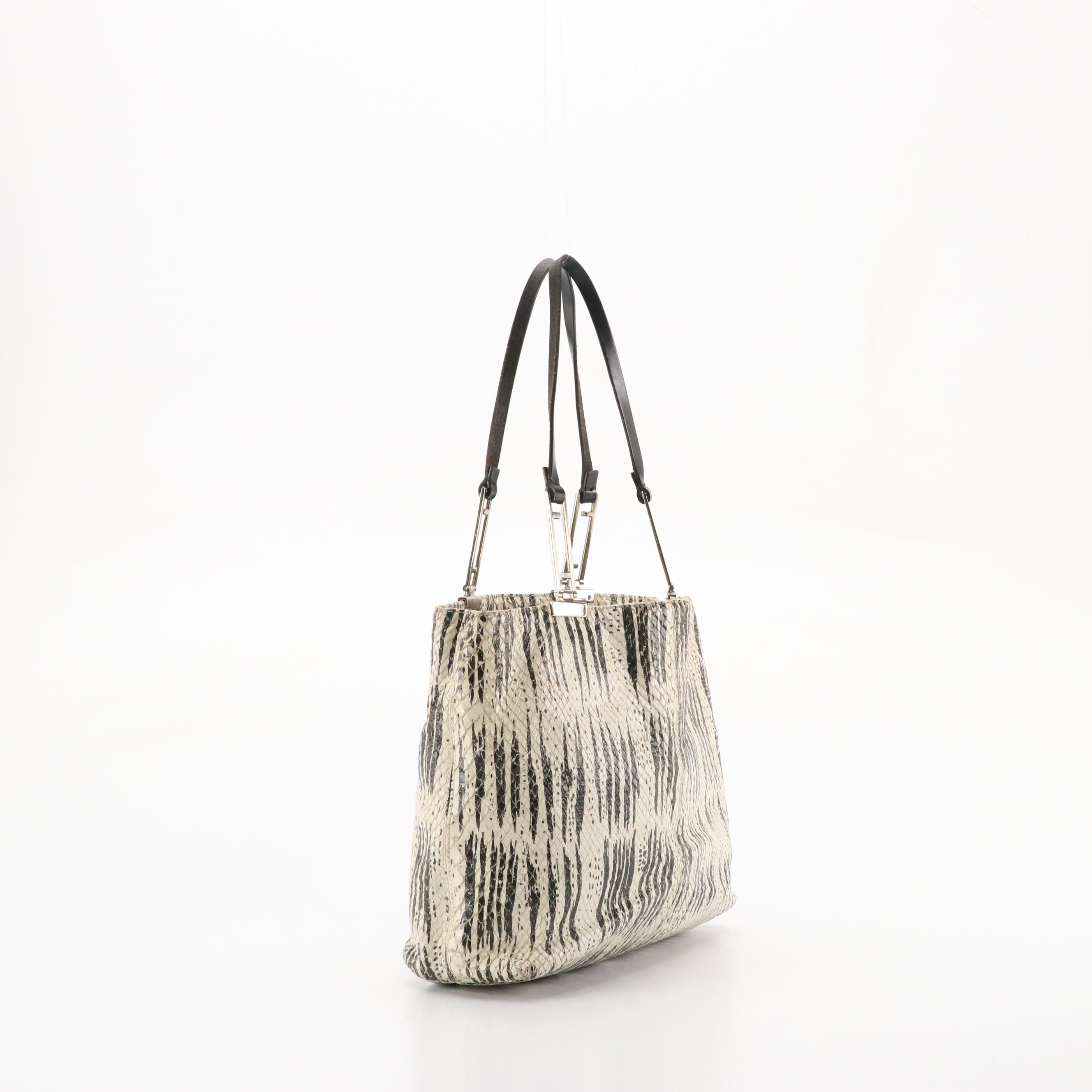 Fendi FF Strap Shoulder Bag in Black & White Striped Snakeskin Leather