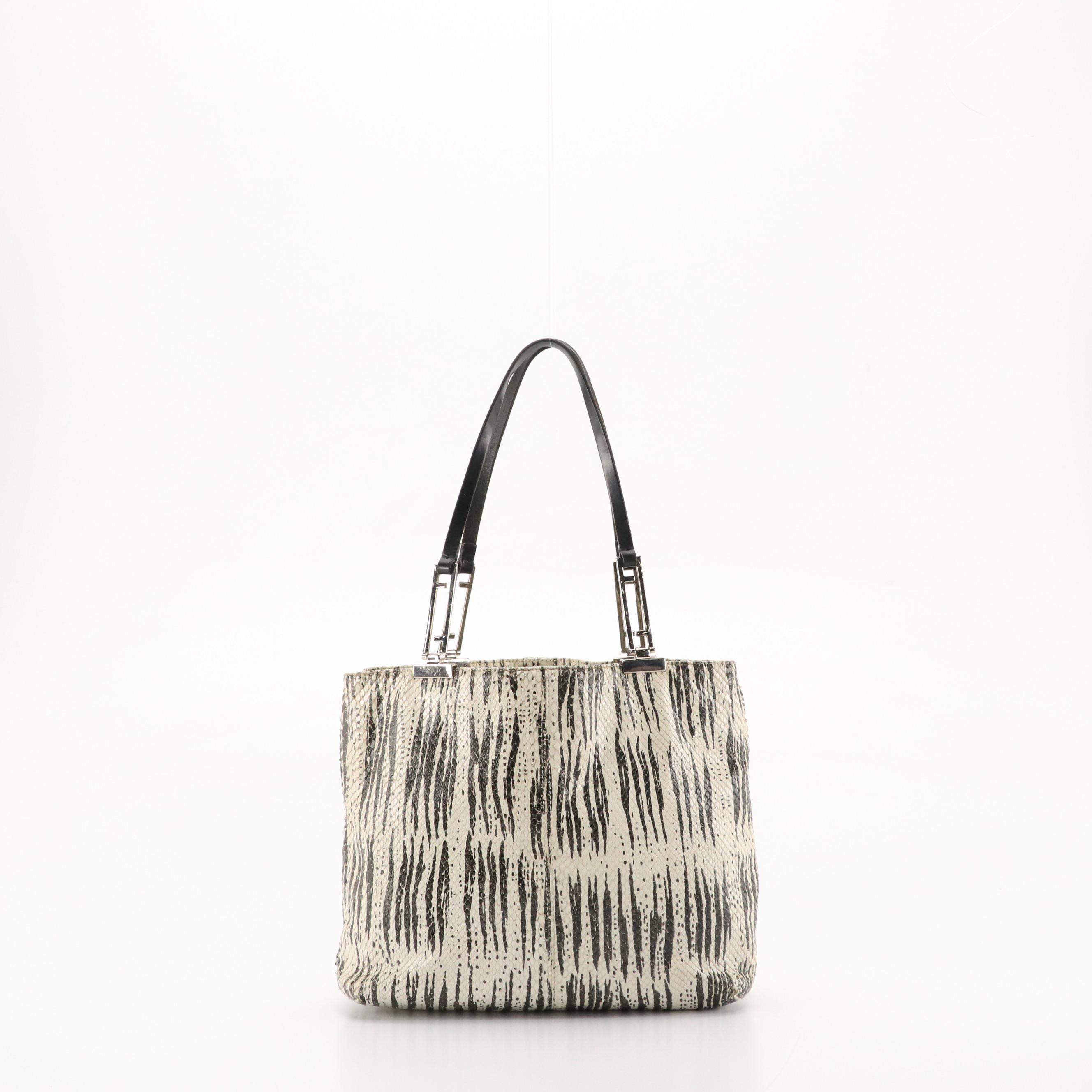 Fendi FF Strap Shoulder Bag in Black & White Striped Snakeskin Leather