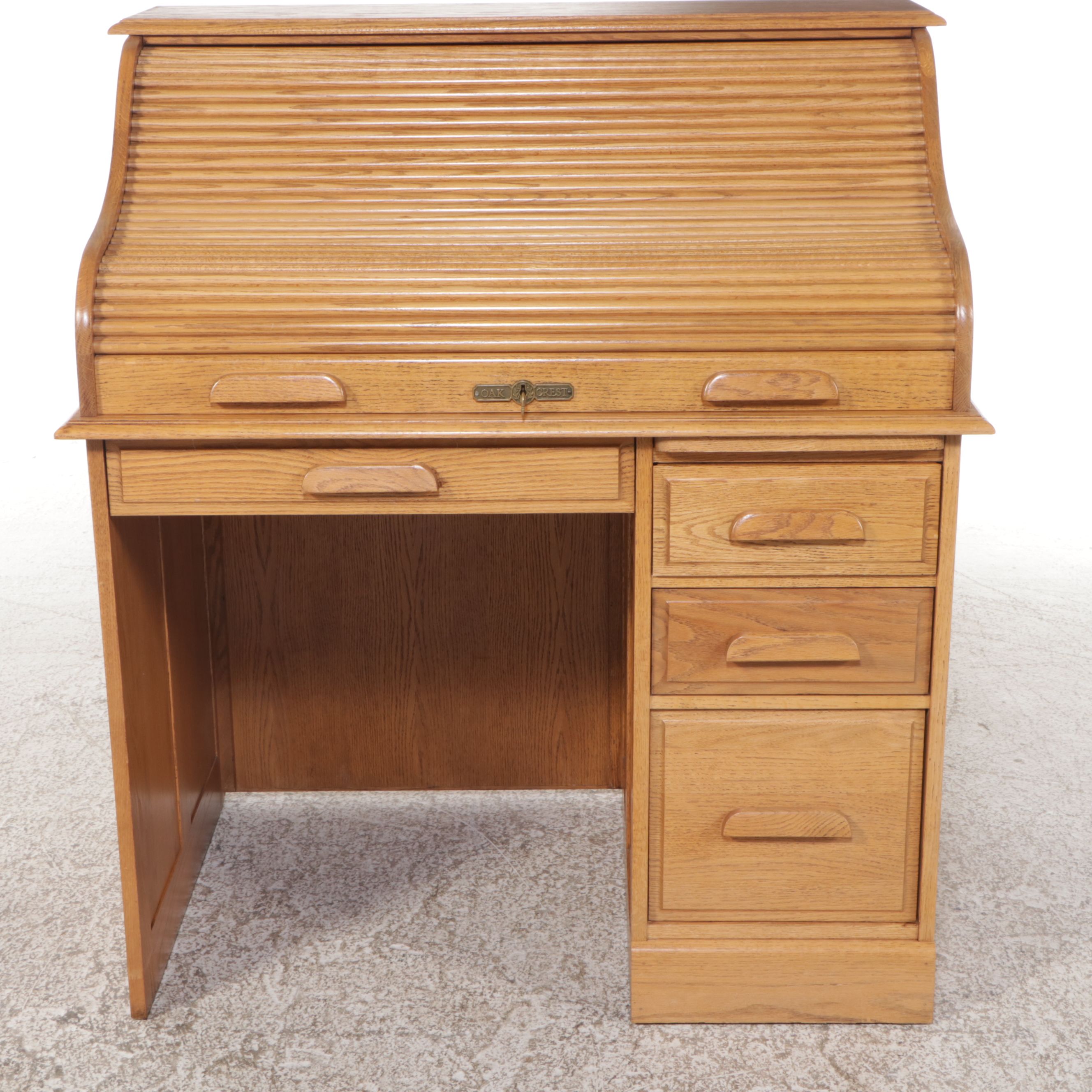 Oak Crest Oak Roll-Top Desk with Oak and Rattan Office Chair