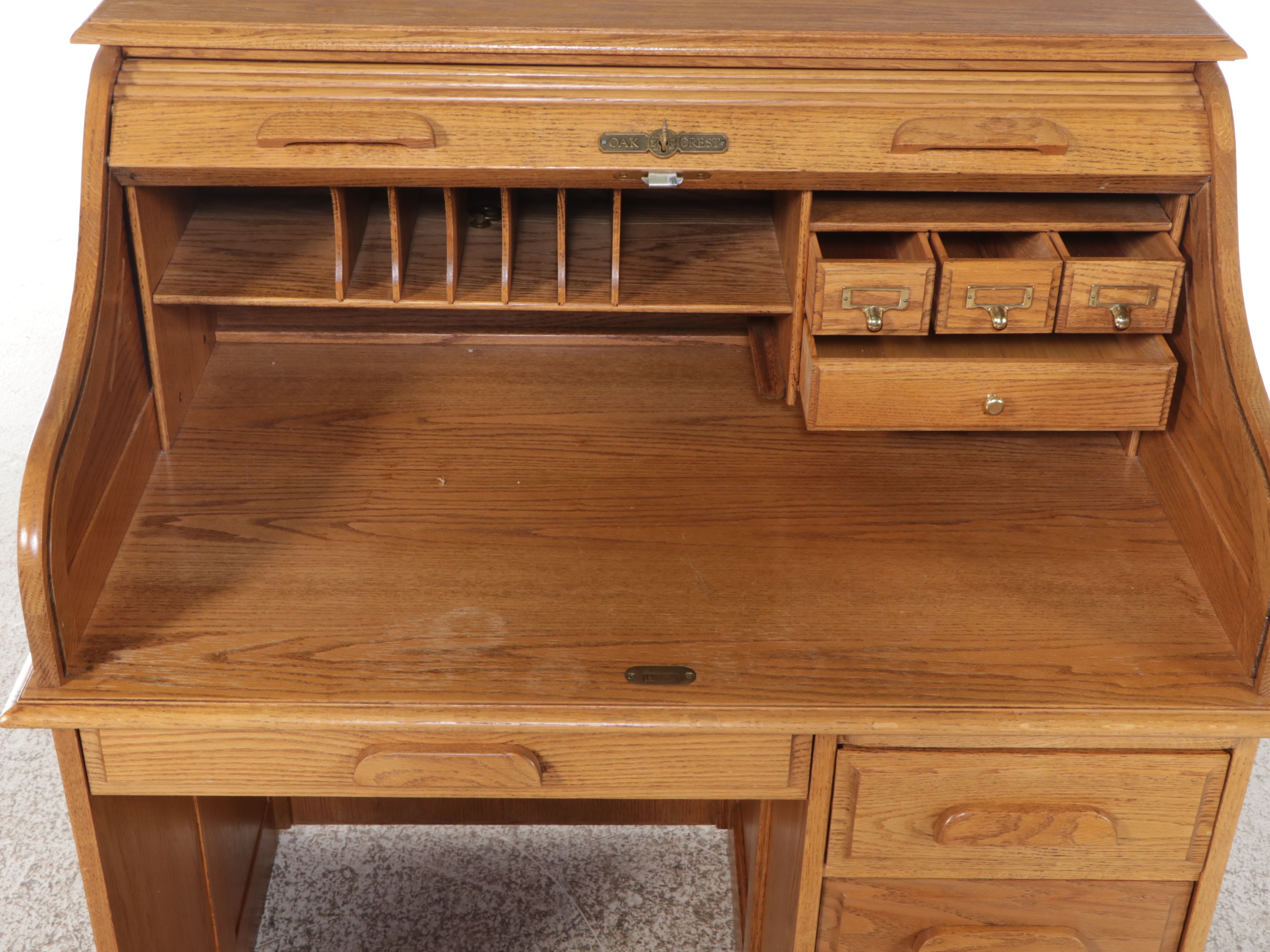Oak Crest Oak Roll-Top Desk with Oak and Rattan Office Chair