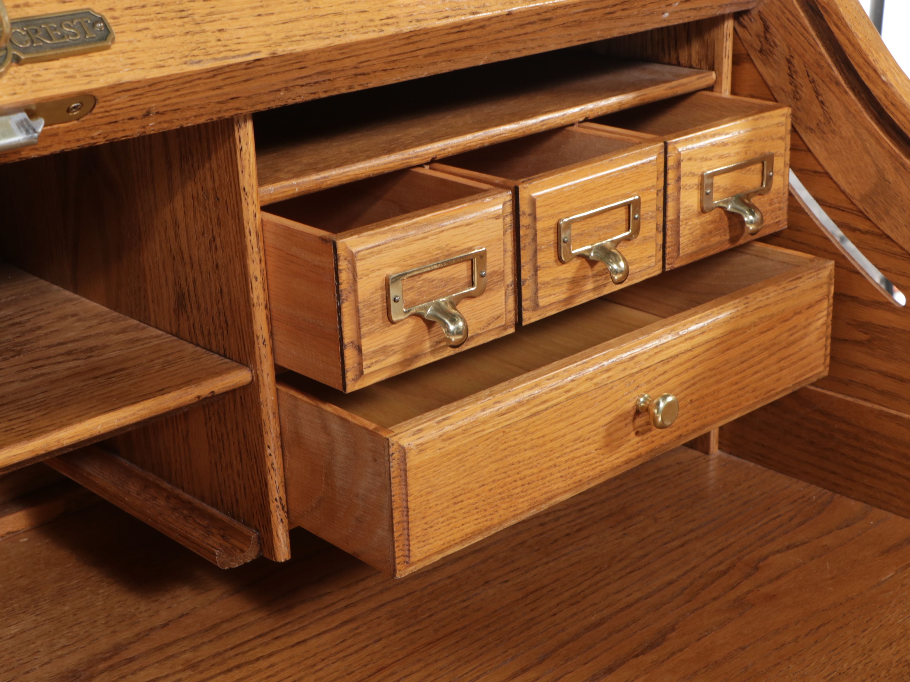 Oak Crest Oak Roll-Top Desk with Oak and Rattan Office Chair