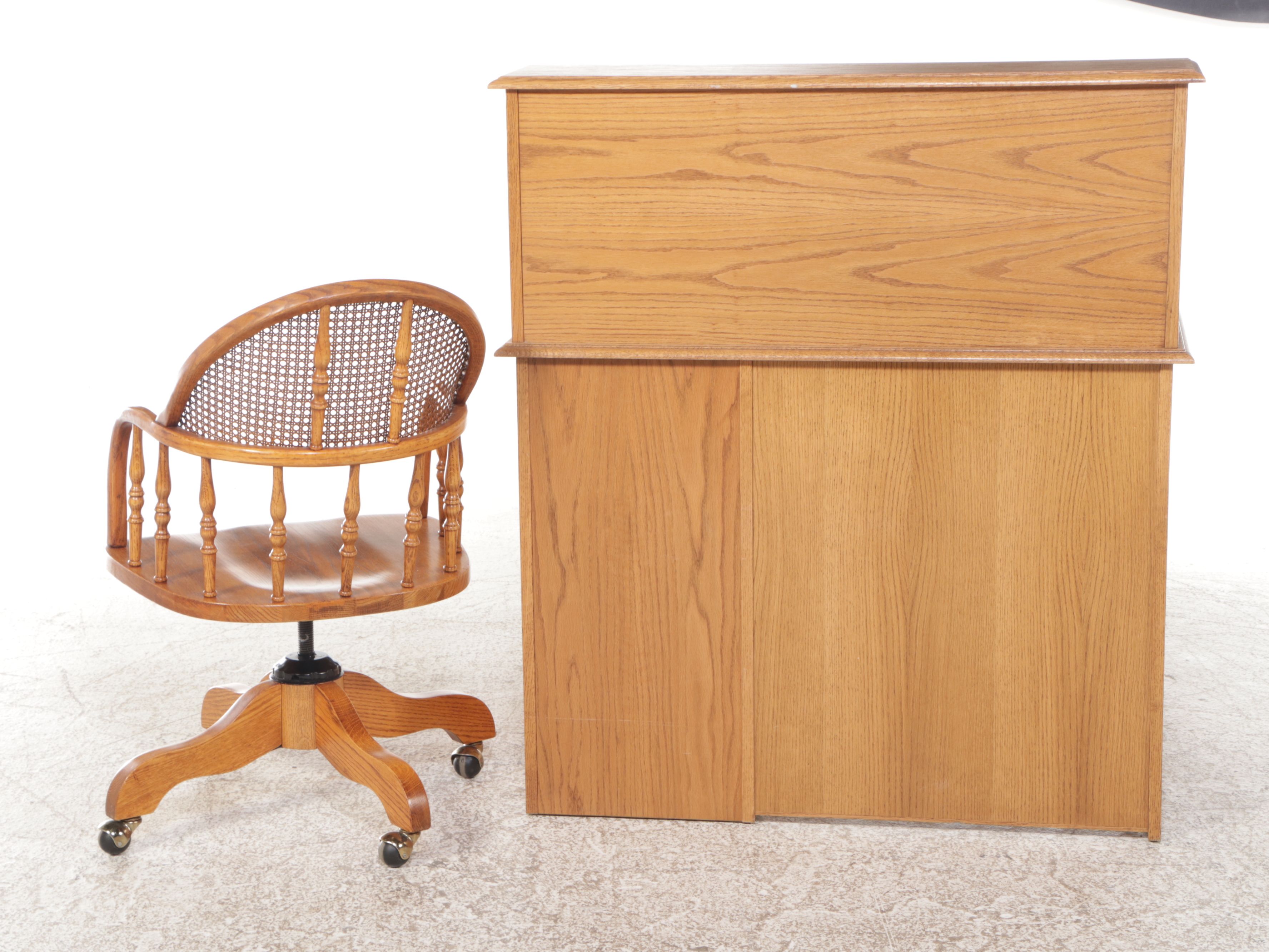 Oak Crest Oak Roll-Top Desk with Oak and Rattan Office Chair