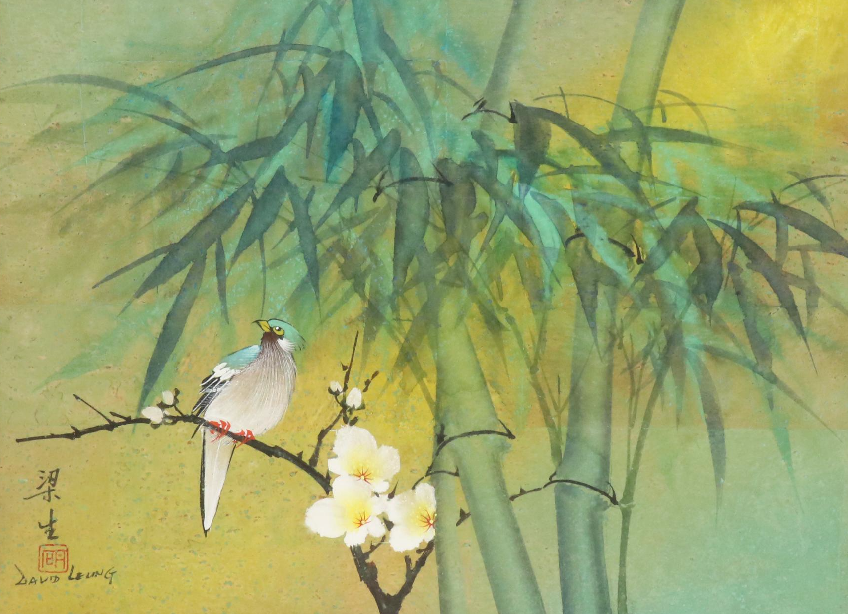 David Leung Gouache Painting on Cork Paper of Bird in Spring with Bamboo
