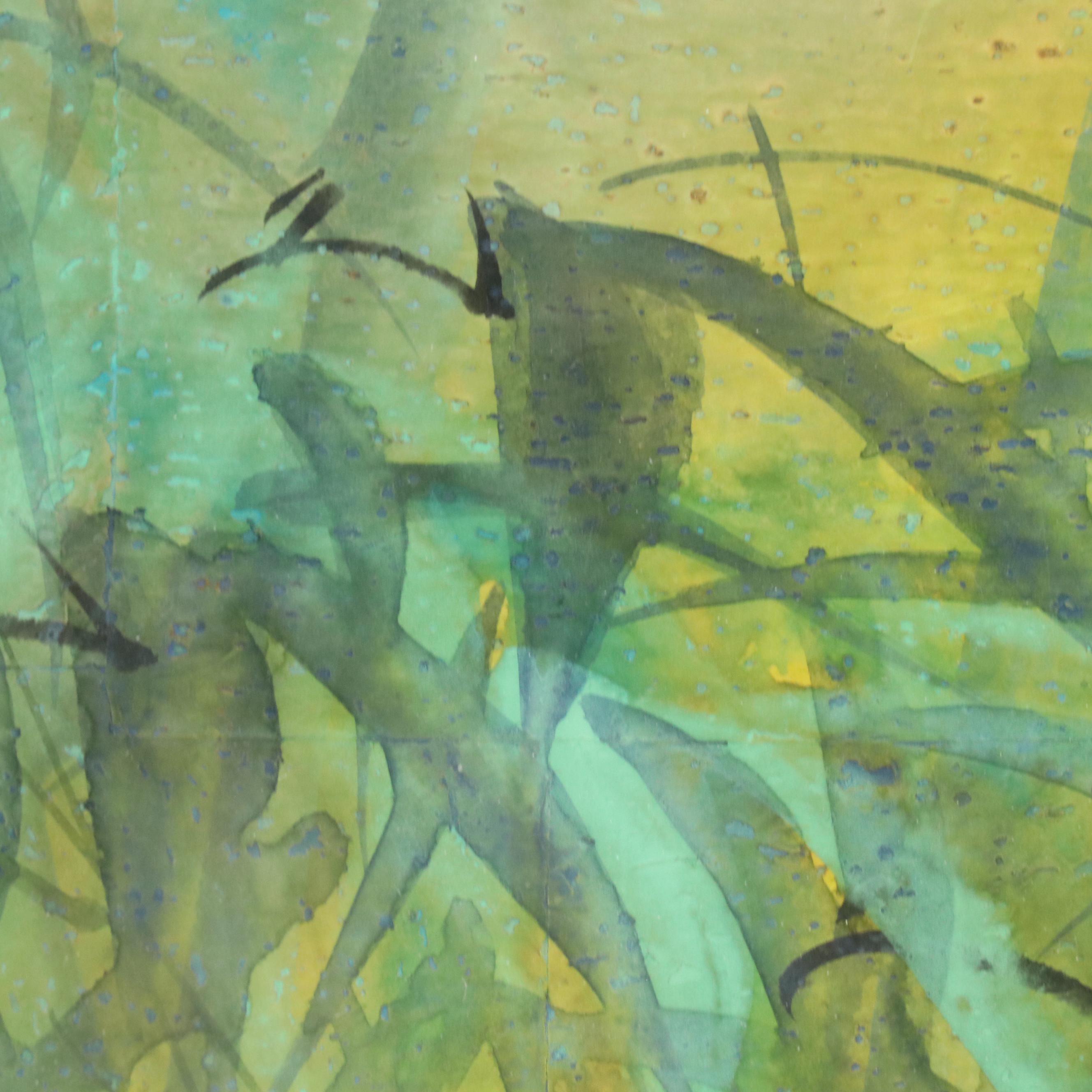 David Leung Gouache Painting on Cork Paper of Bird in Spring with Bamboo