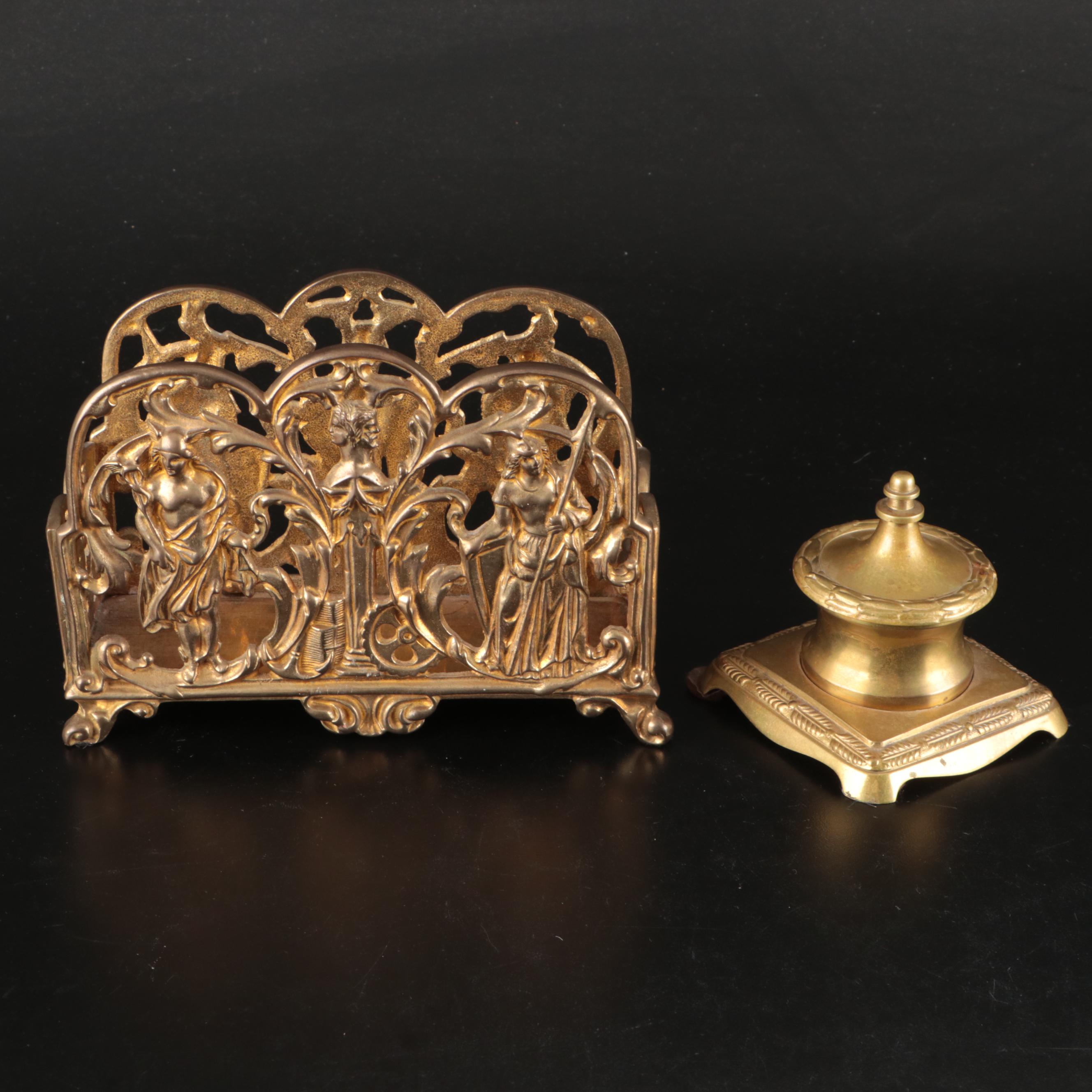 Austrian Brass Inkwell with Neoclassical Style Repoussé Brass Letter Holder