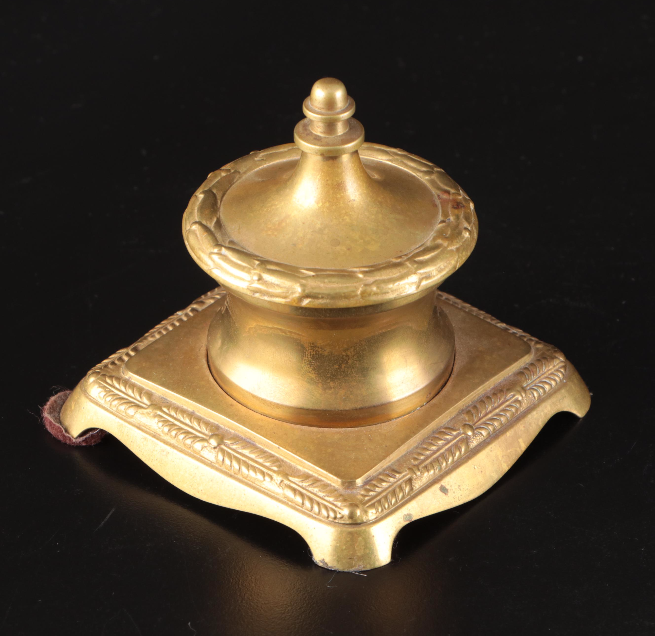 Austrian Brass Inkwell with Neoclassical Style Repoussé Brass Letter Holder