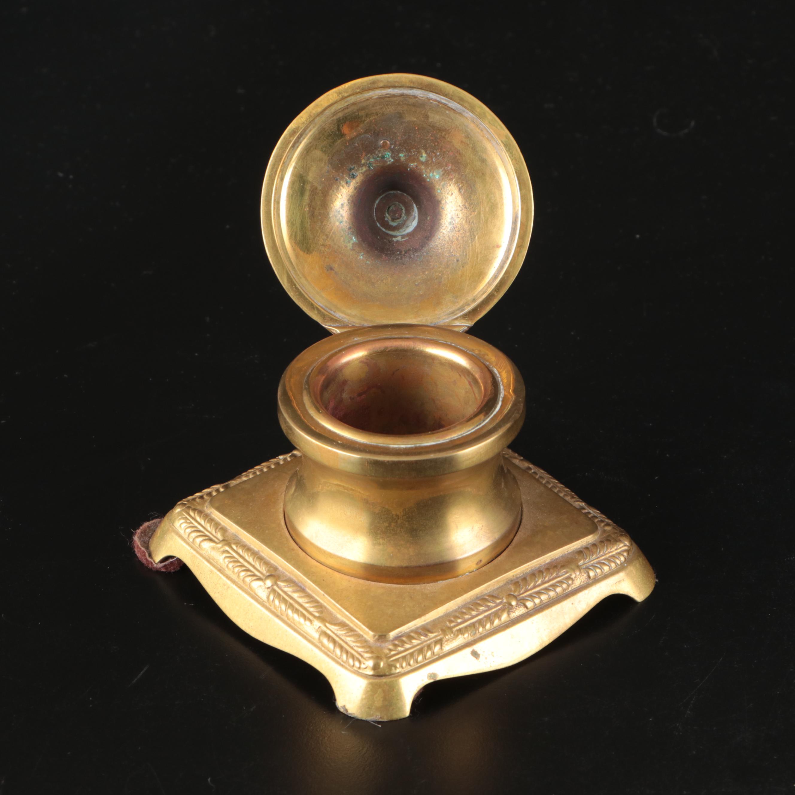 Austrian Brass Inkwell with Neoclassical Style Repoussé Brass Letter Holder