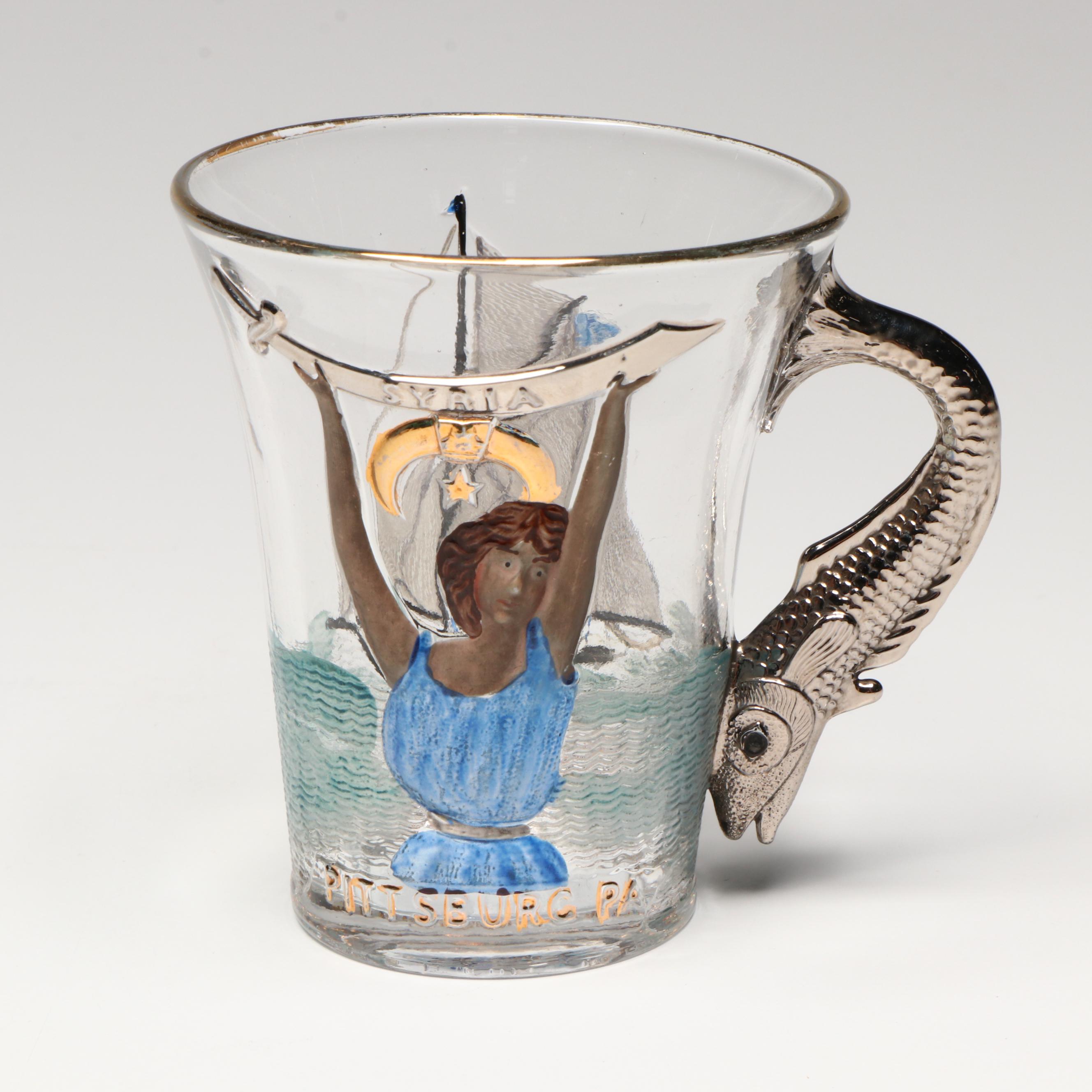 US Glass Shriner's Convention Tobacco Leaf Goblet and Mug, Early-20th Century