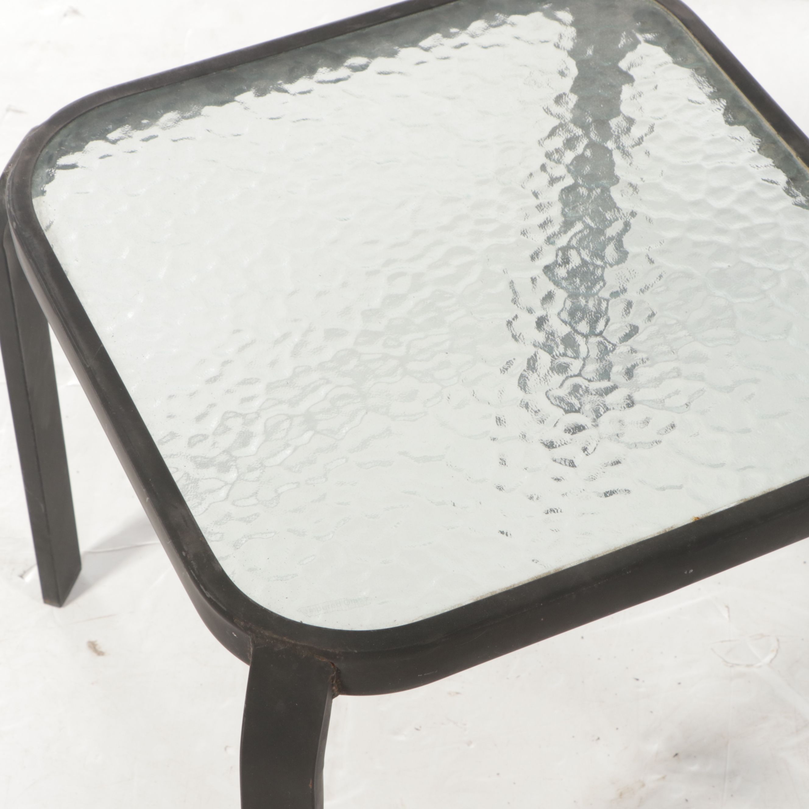 Pair of Cast Aluminum Armchairs with Glass Top End Tables