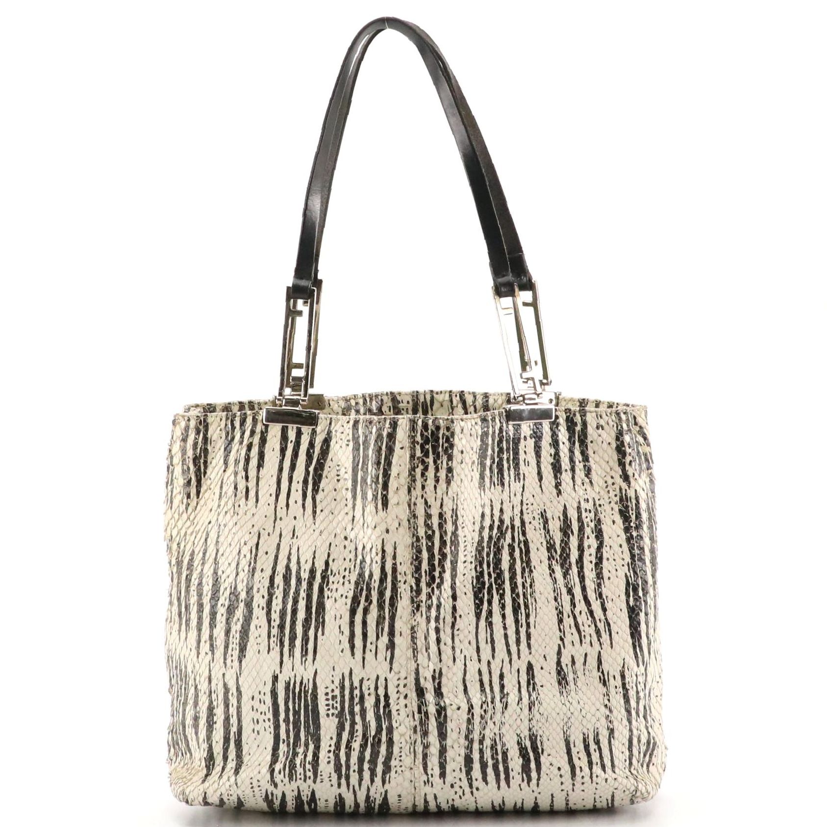 Fendi FF Strap Shoulder Bag in Black & White Striped Snakeskin Leather