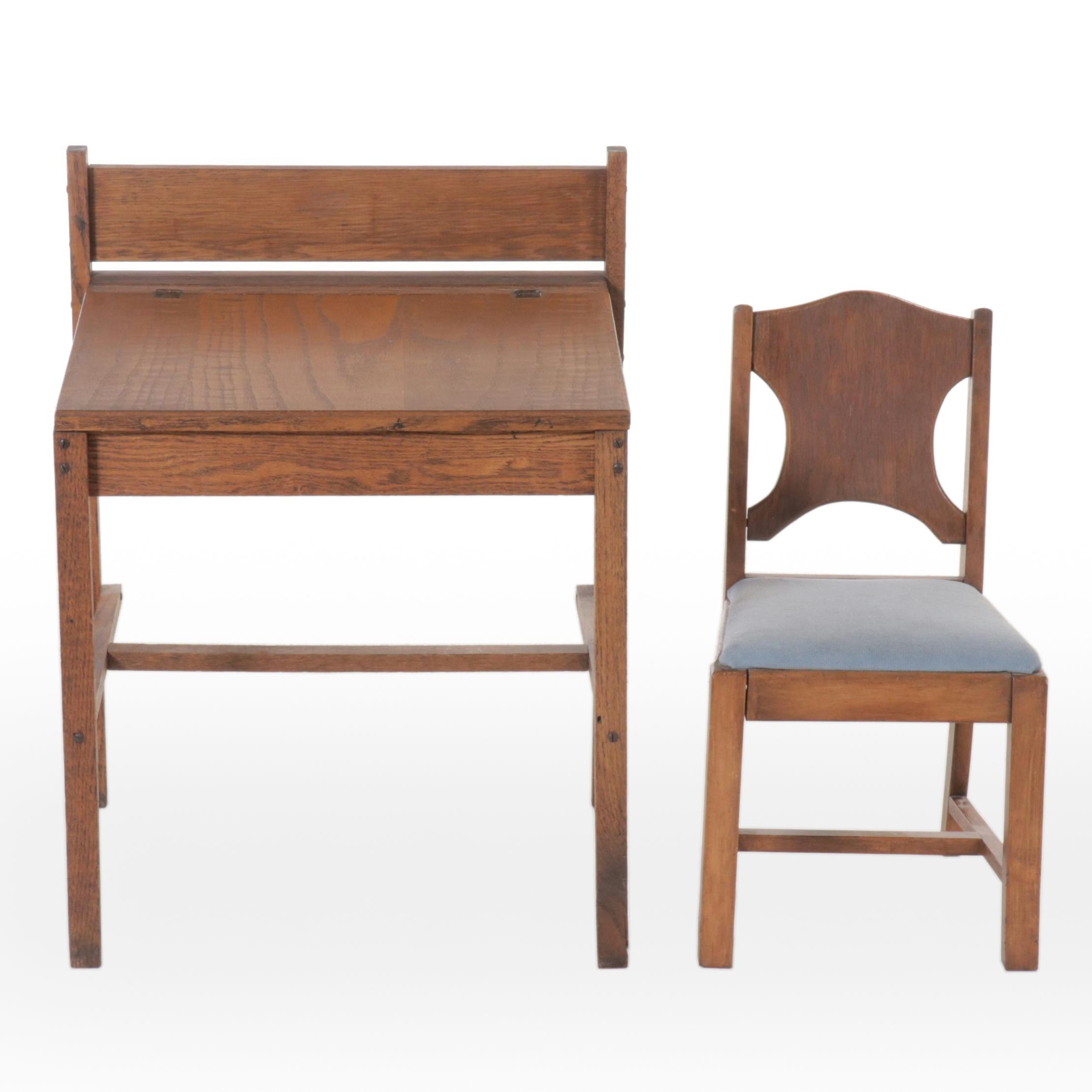 Oak Student Desk and Chair, 20th Century