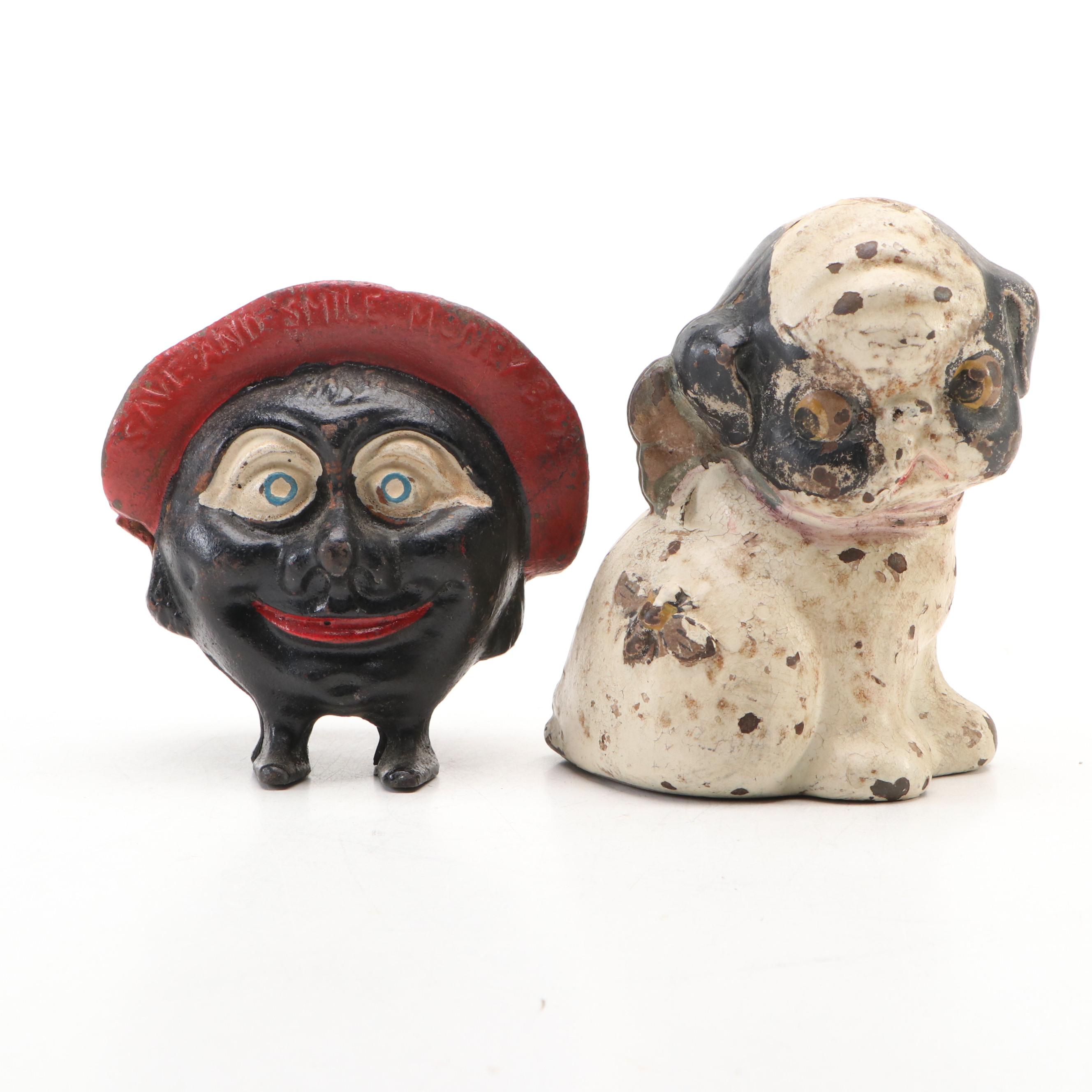 Cast Iron Save and Smile Money Box with Dog Bank, Early 20th Century
