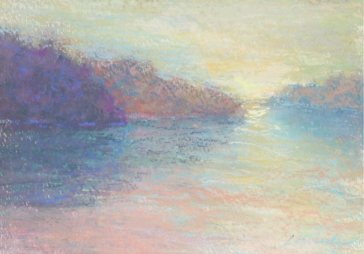 Impressionist Style Chalk Pastel Landscape Drawing of Sunset on River