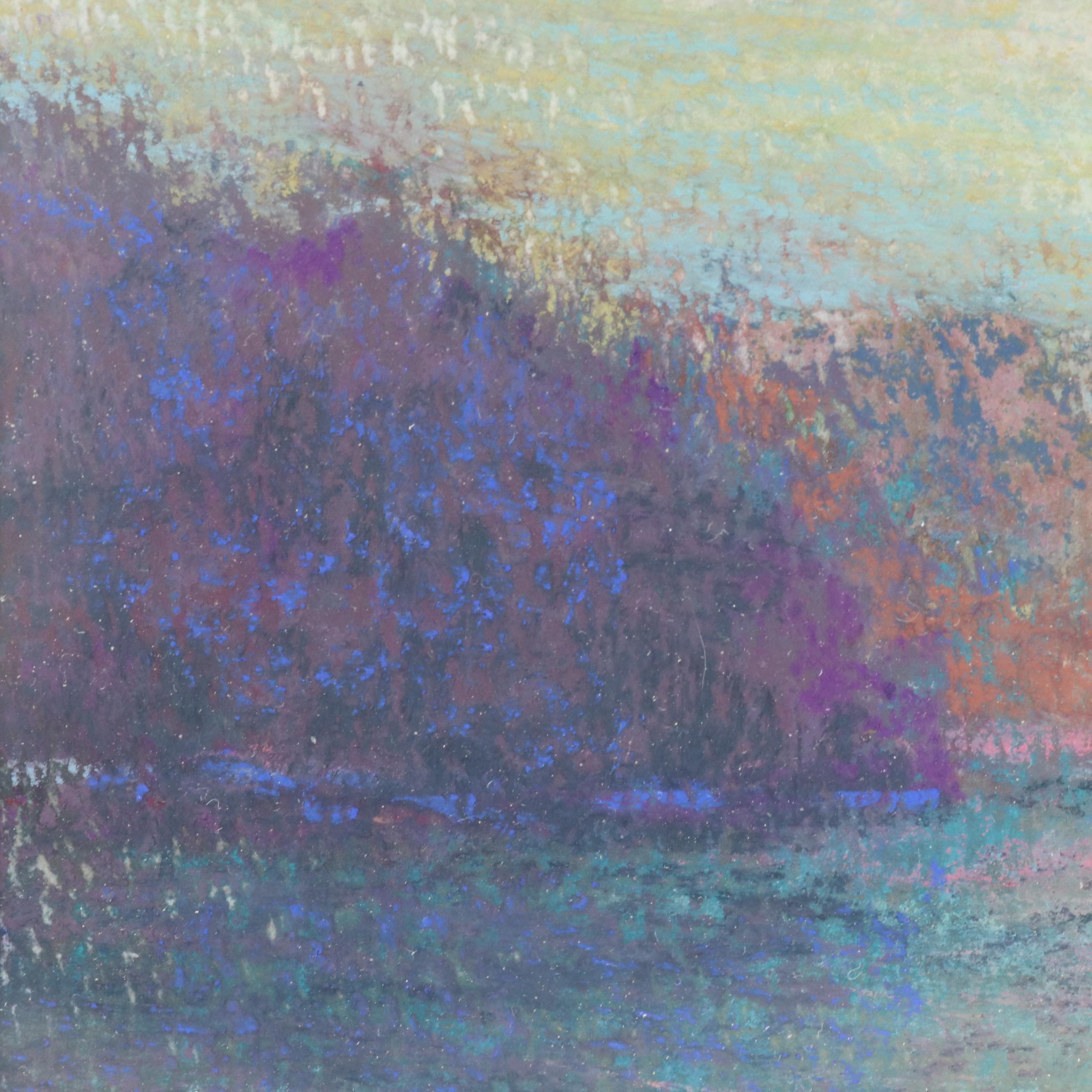 Impressionist Style Chalk Pastel Landscape Drawing of Sunset on River