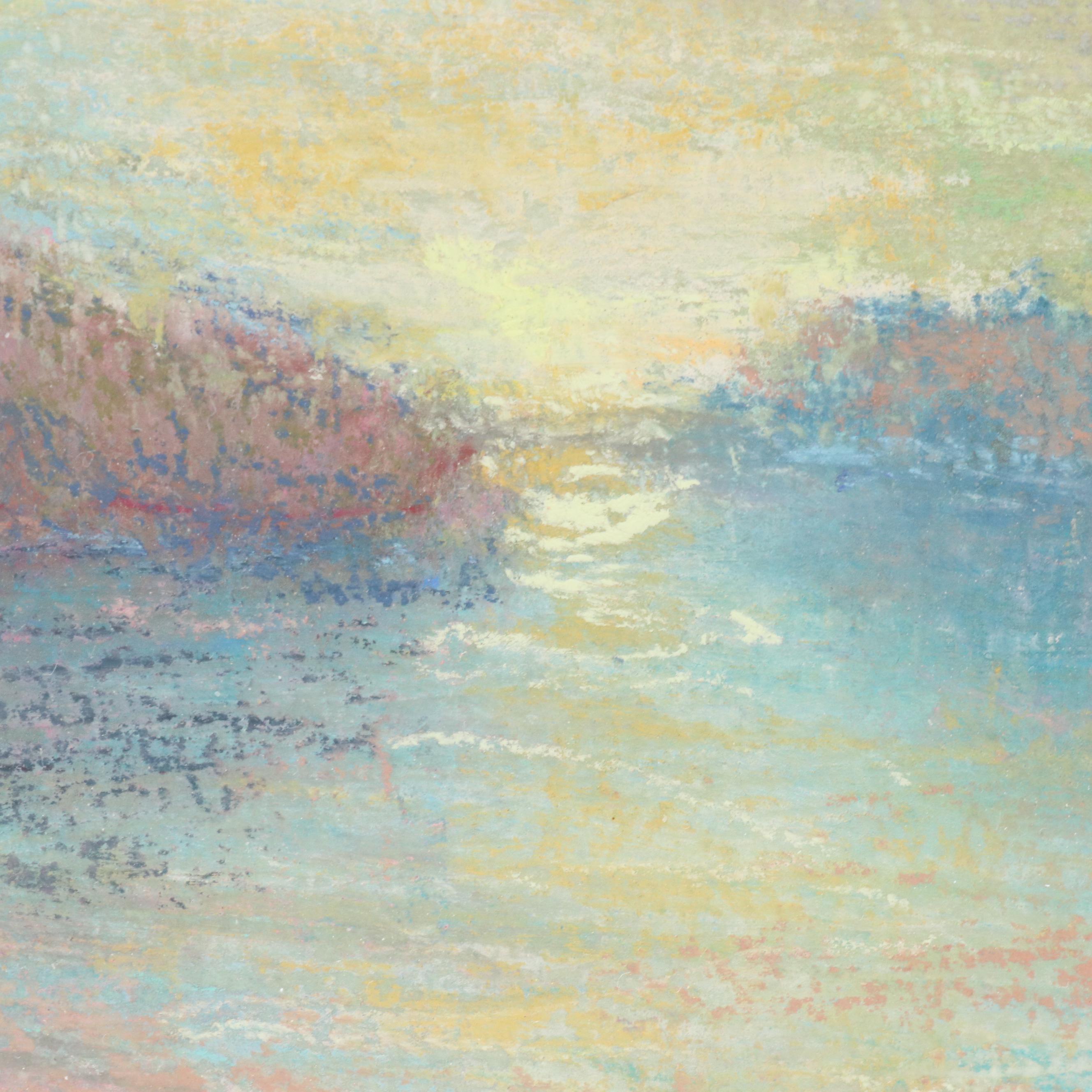 Impressionist Style Chalk Pastel Landscape Drawing of Sunset on River
