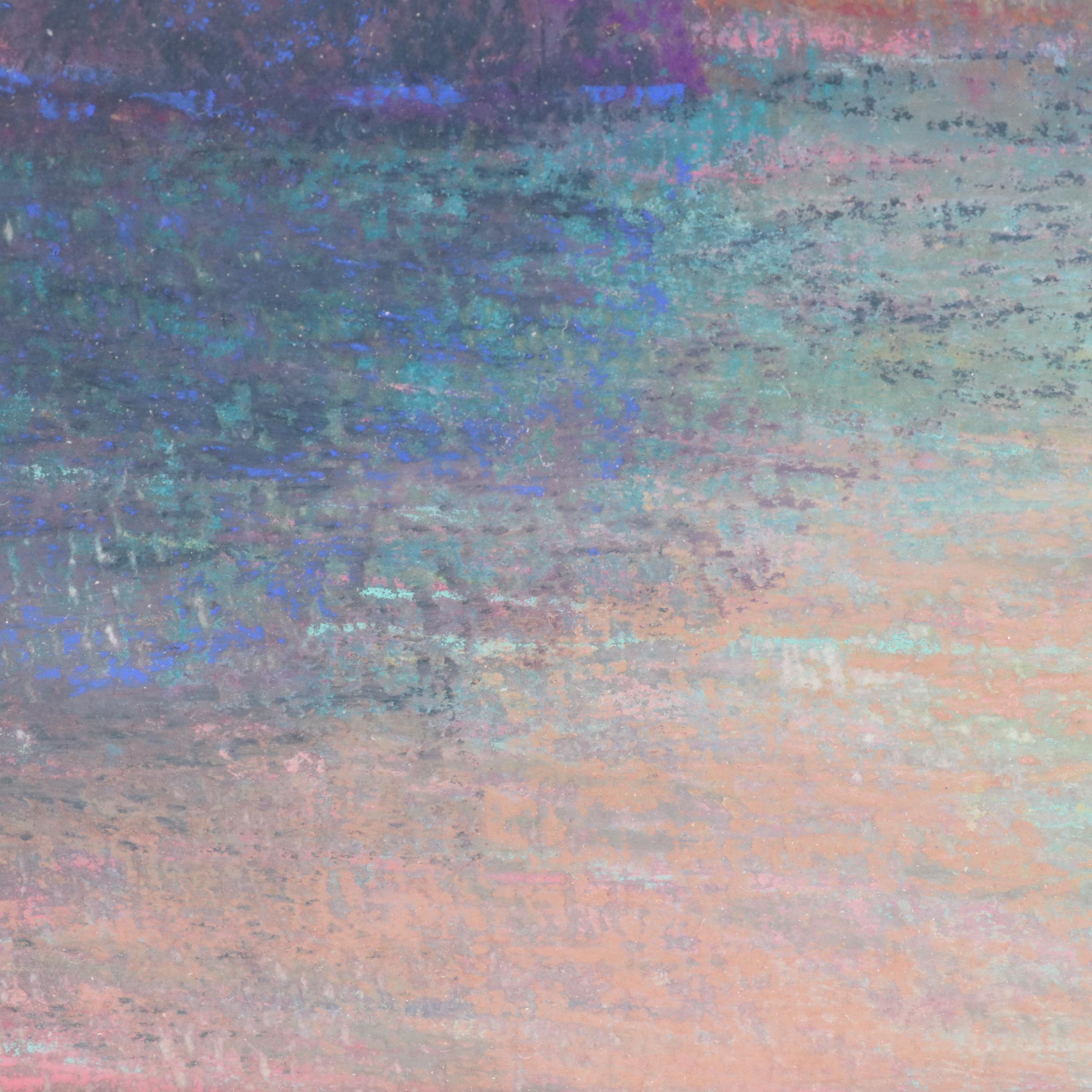 Impressionist Style Chalk Pastel Landscape Drawing of Sunset on River