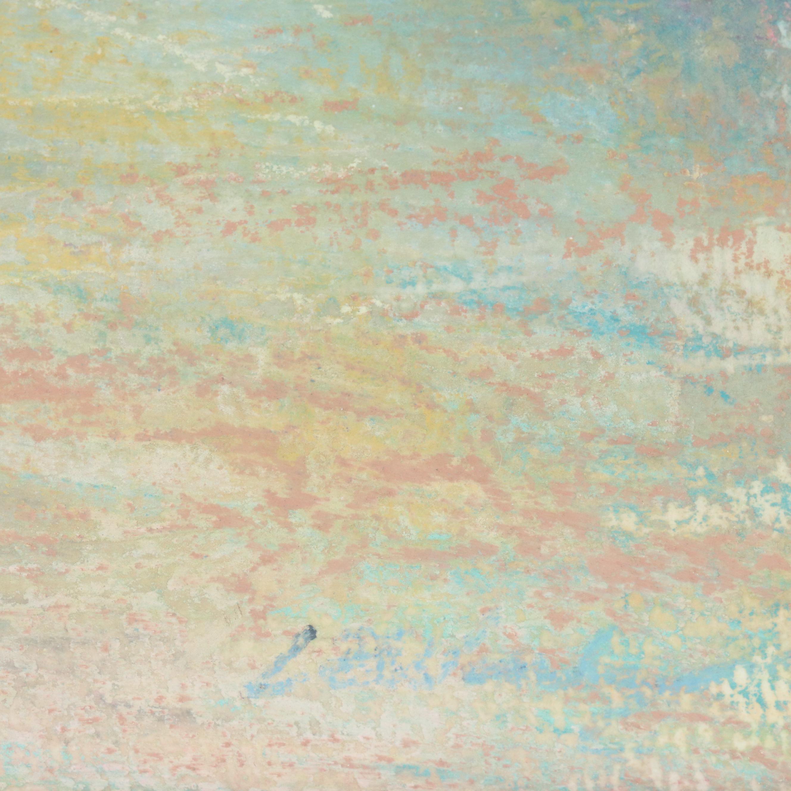 Impressionist Style Chalk Pastel Landscape Drawing of Sunset on River