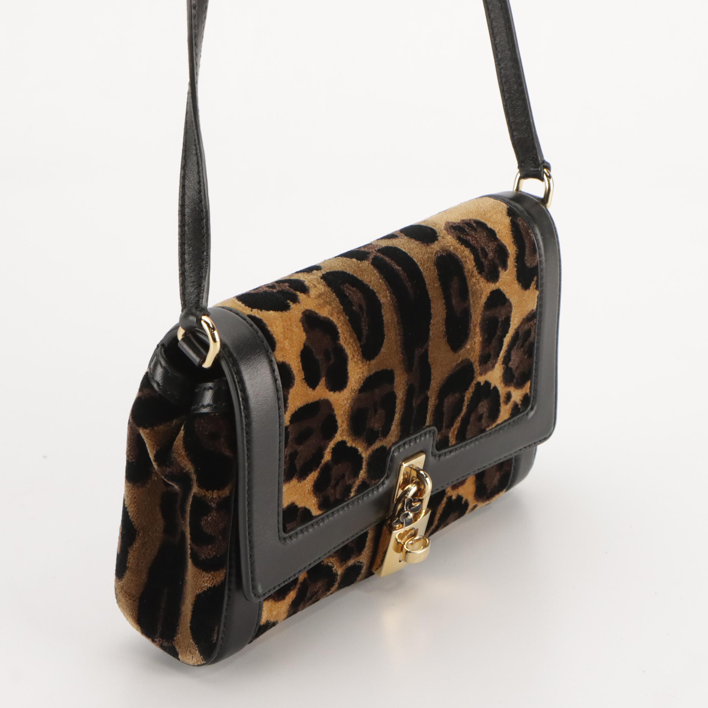 Dolce & Gabbana Padlock Flap Shoulder Bag in Leopard Print Velour & Leather Trim
