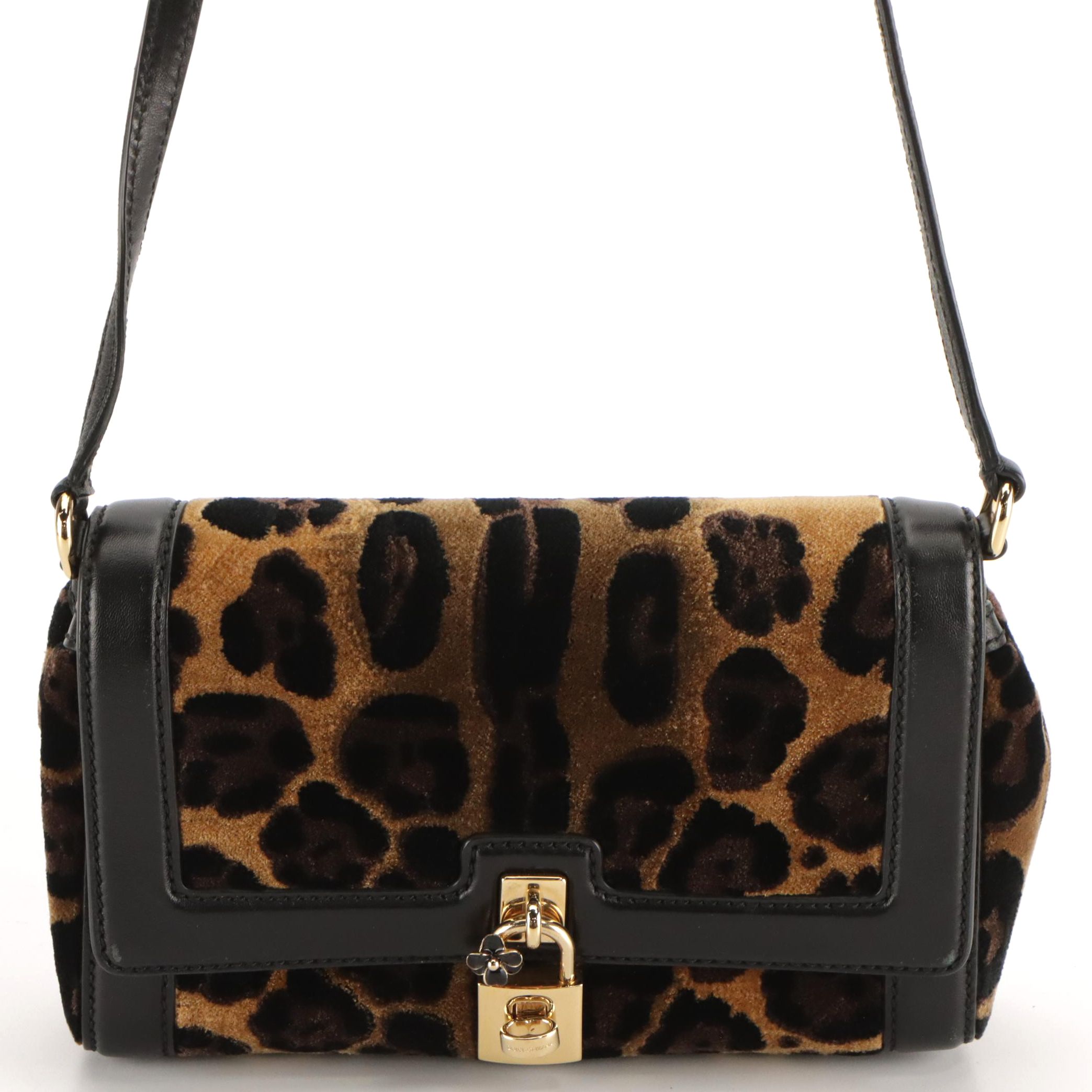 Dolce & Gabbana Padlock Flap Shoulder Bag in Leopard Print Velour & Leather Trim
