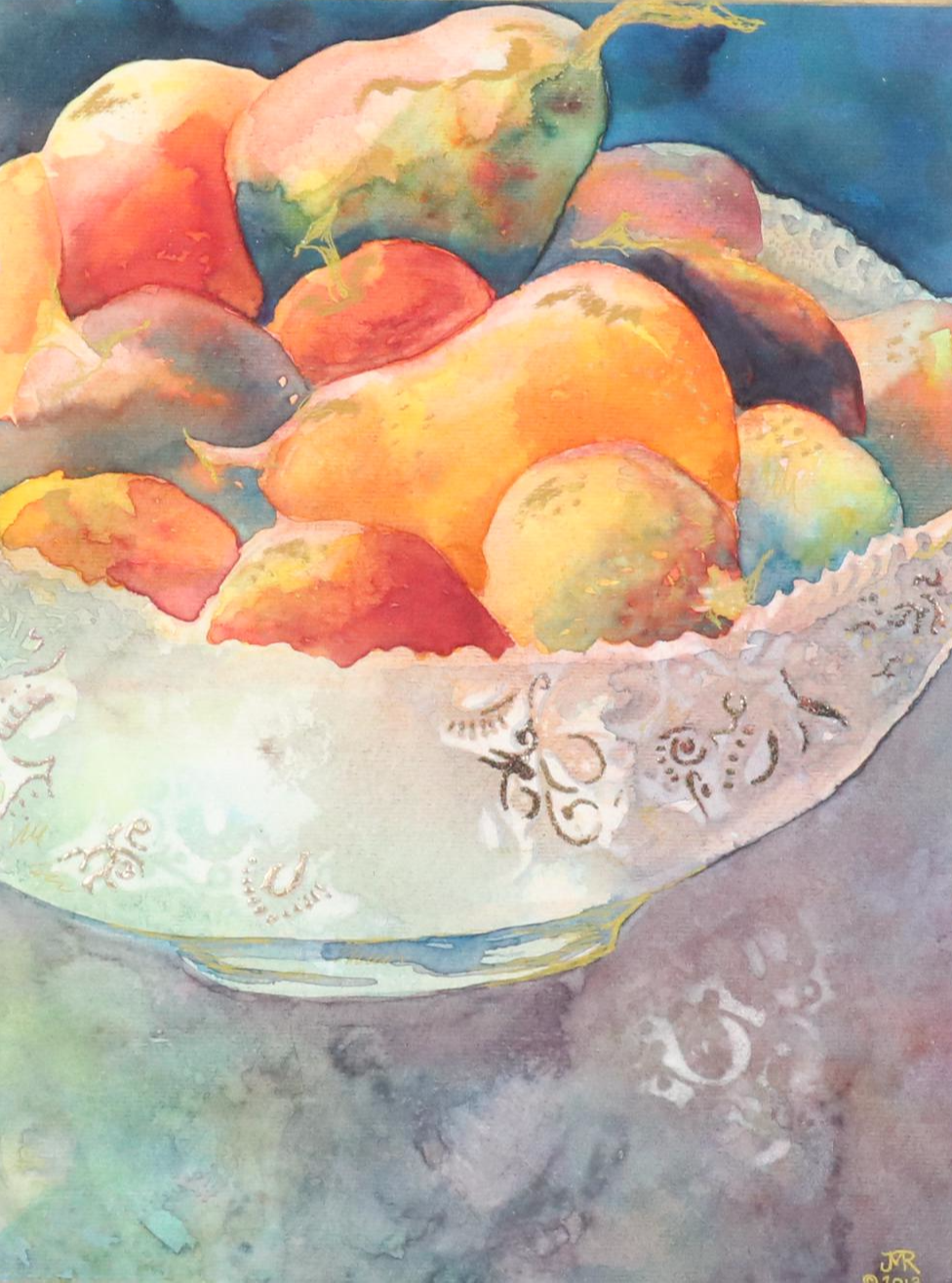 Jeannine M. Romano Still Life Embossed Watercolor Painting of Pears, 2013