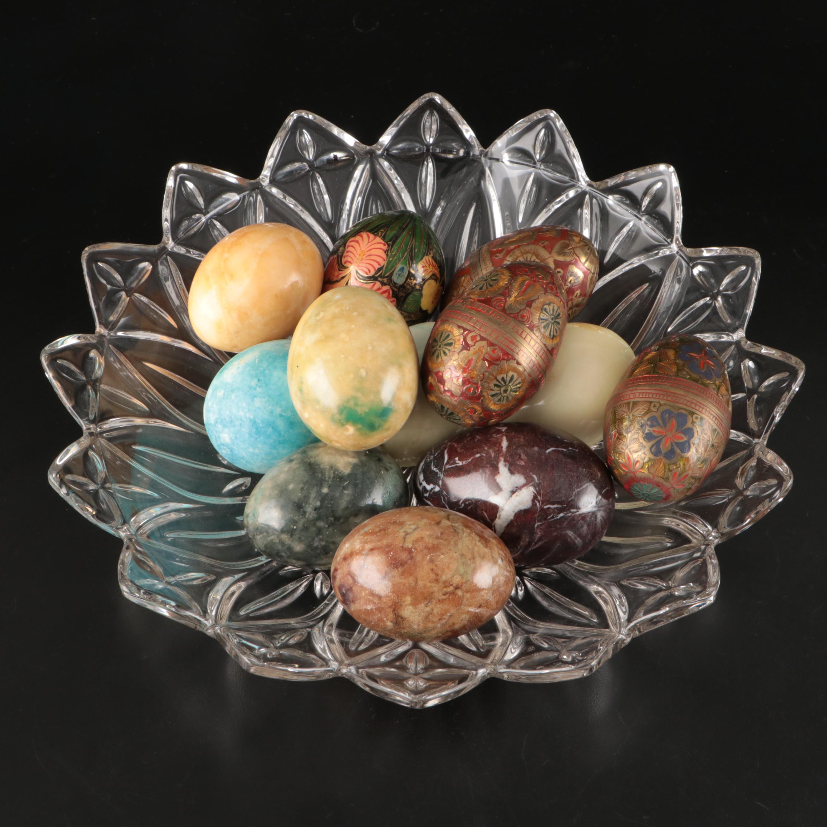 Glass Bowl with Enamel and Marble Decorative Eggs