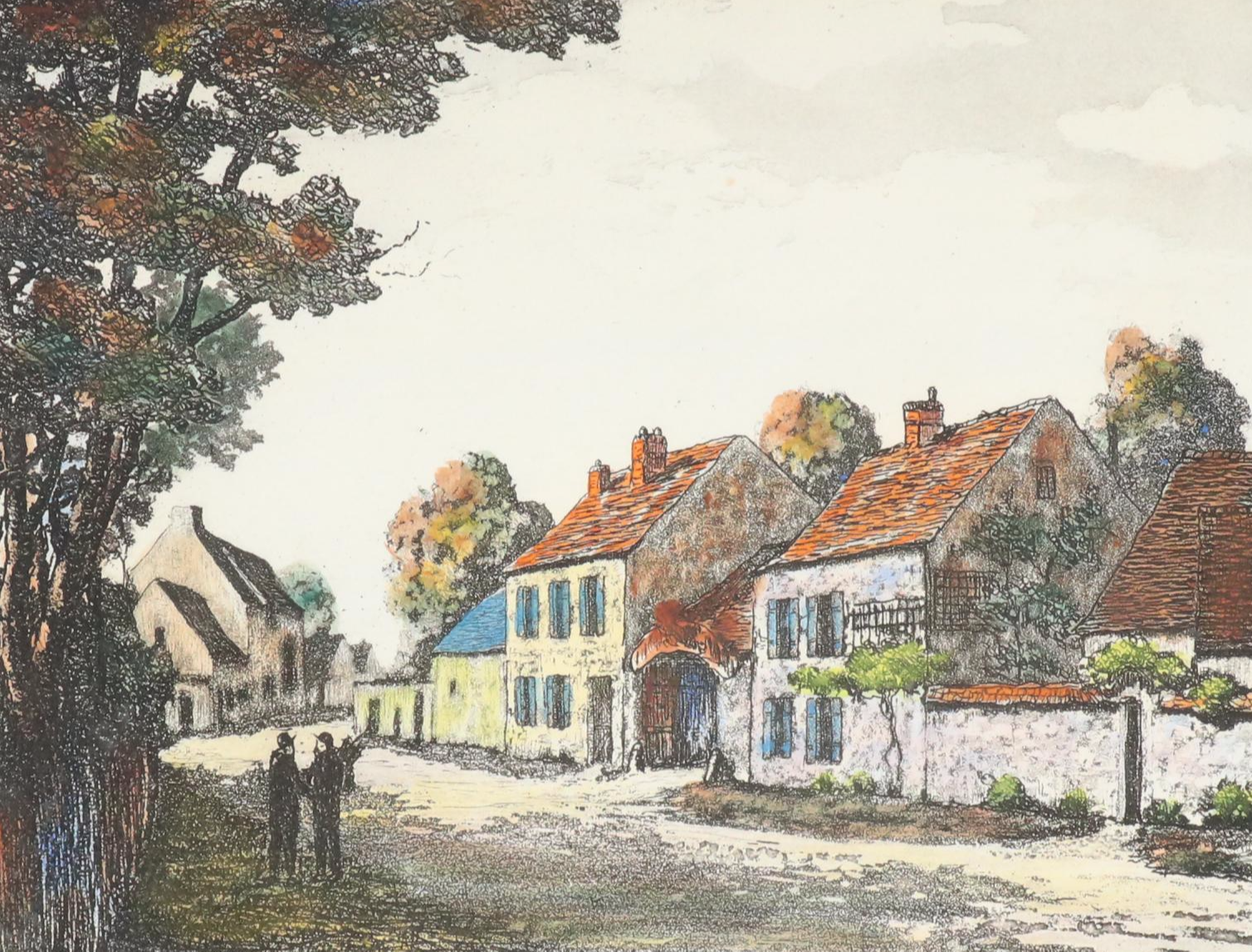 Maurice Jacques Hand-Colored Aquatint Etching "Maisons de Millet," Mid-19th C.