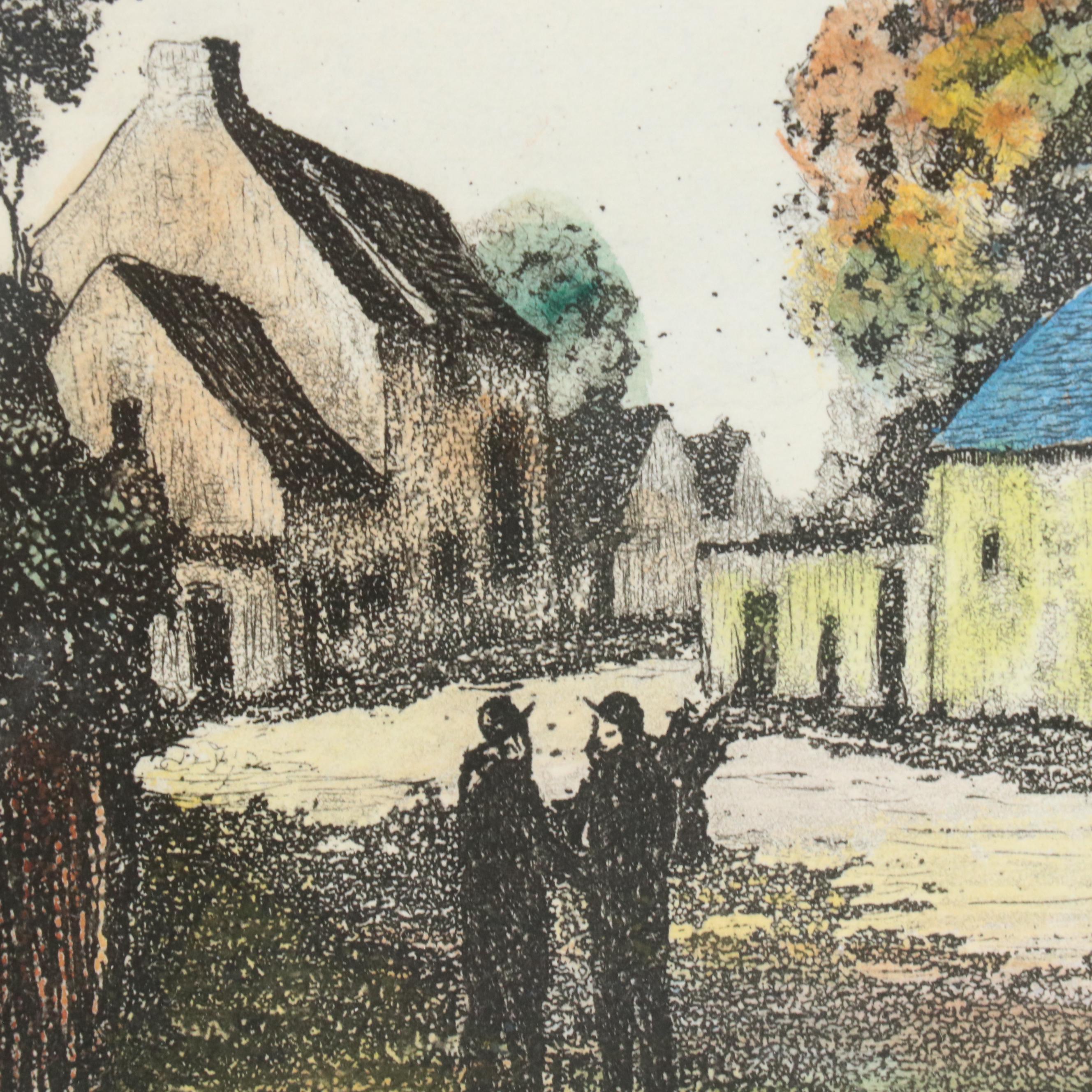Maurice Jacques Hand-Colored Aquatint Etching "Maisons de Millet," Mid-19th C.