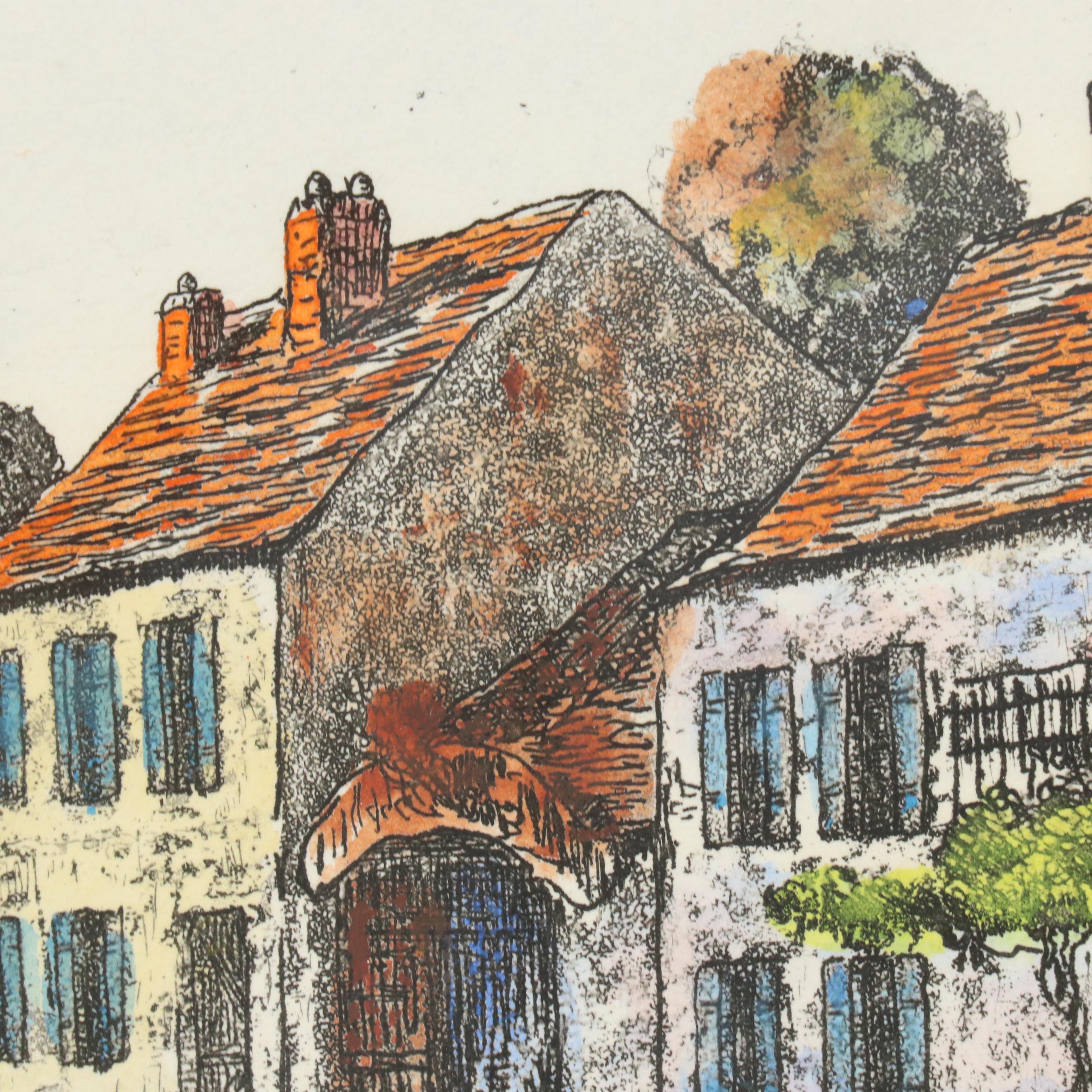 Maurice Jacques Hand-Colored Aquatint Etching "Maisons de Millet," Mid-19th C.