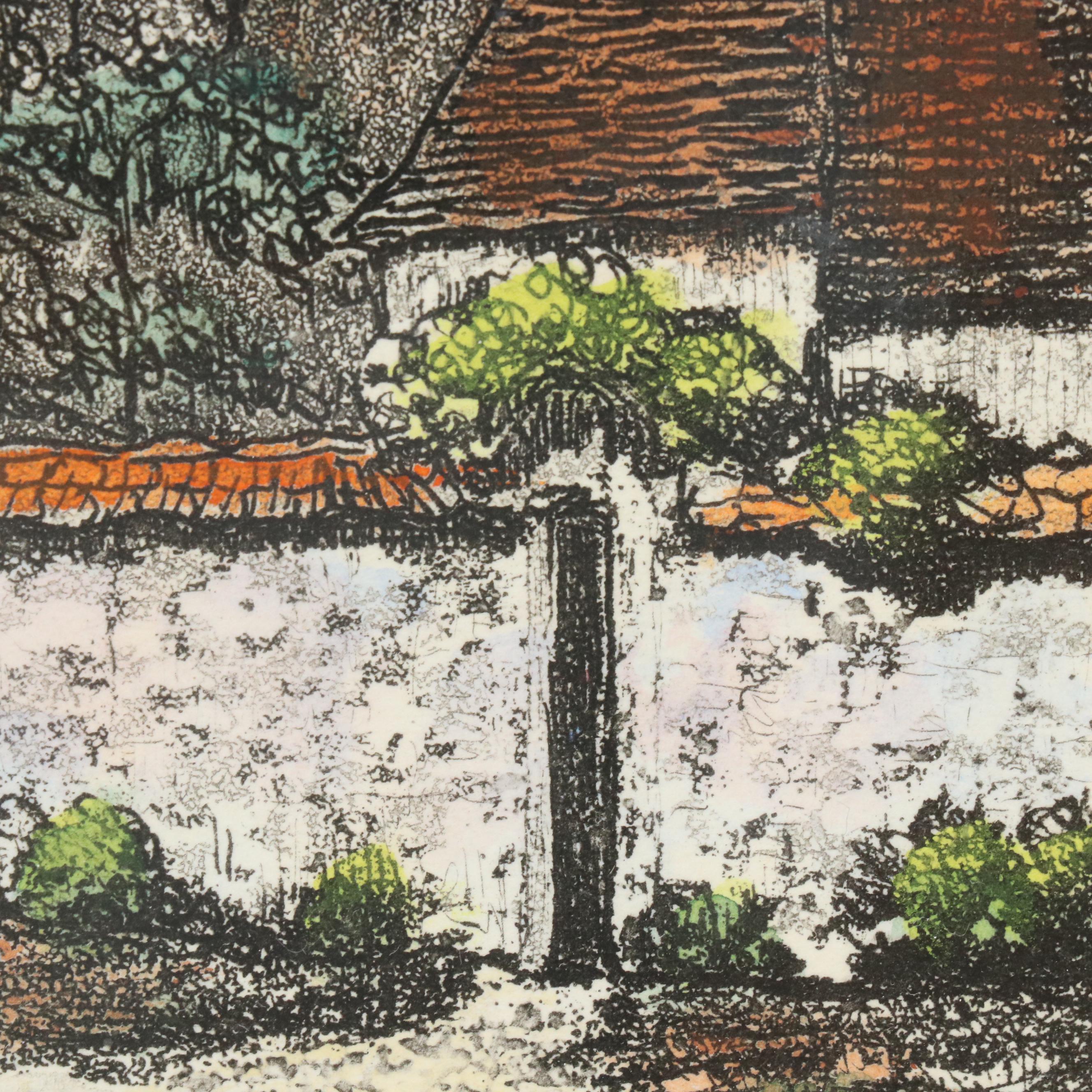 Maurice Jacques Hand-Colored Aquatint Etching "Maisons de Millet," Mid-19th C.