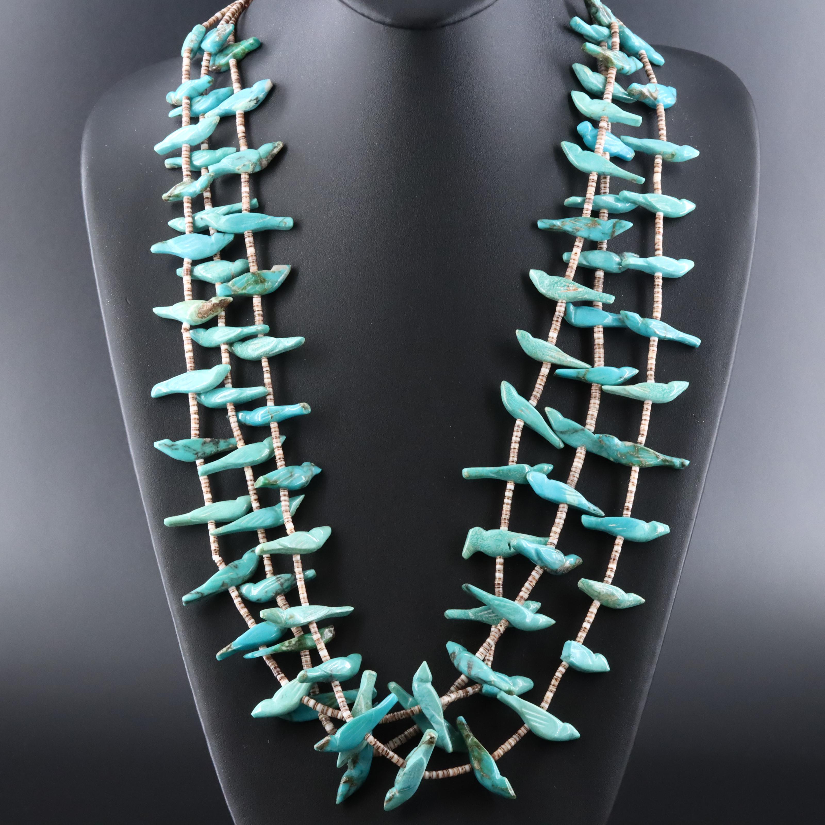 Turquoise and Shell Bird Fetish Necklace