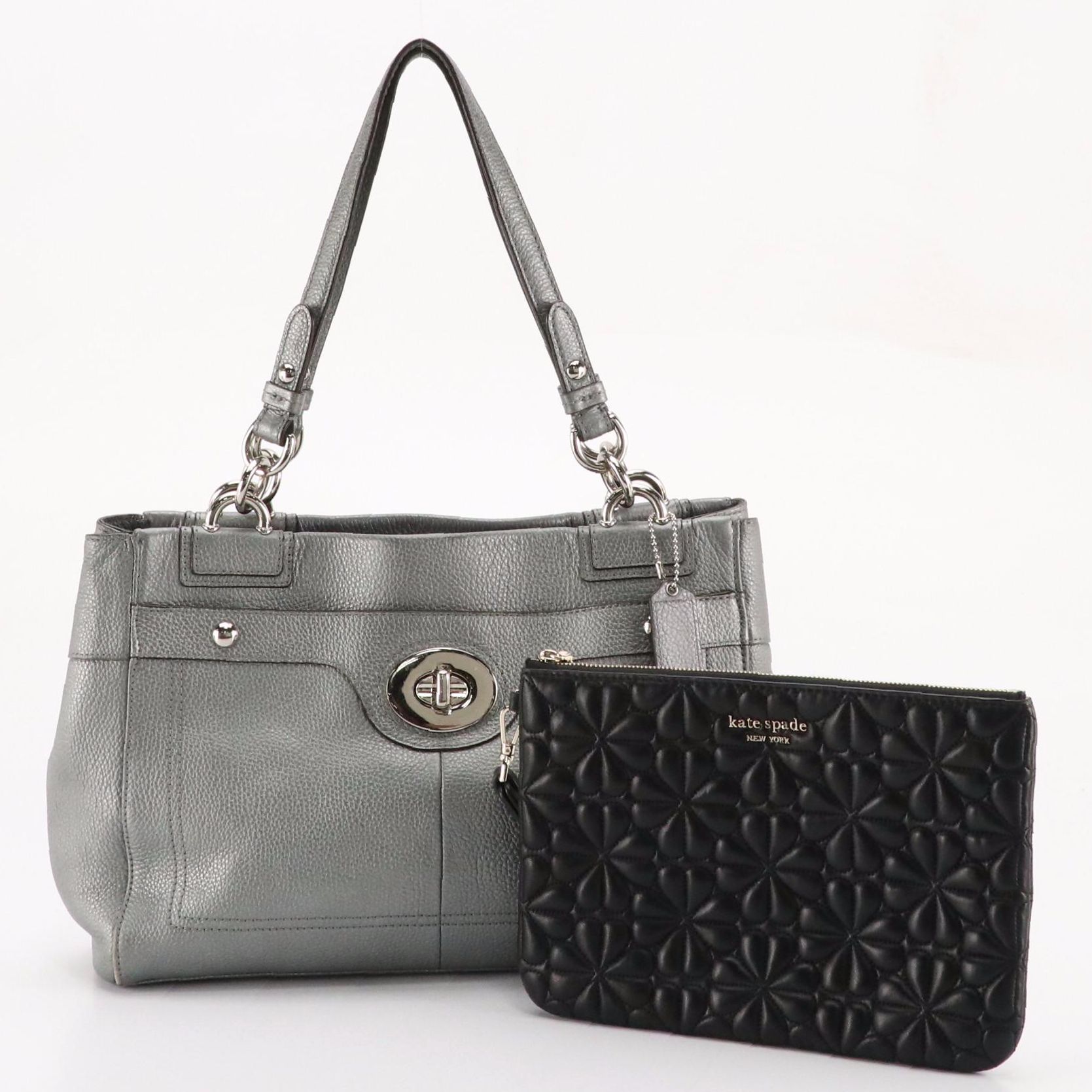 Kate Spade Bloom Quilted Leather Wristlet Pouch & Silver Penelope Carryall Tote