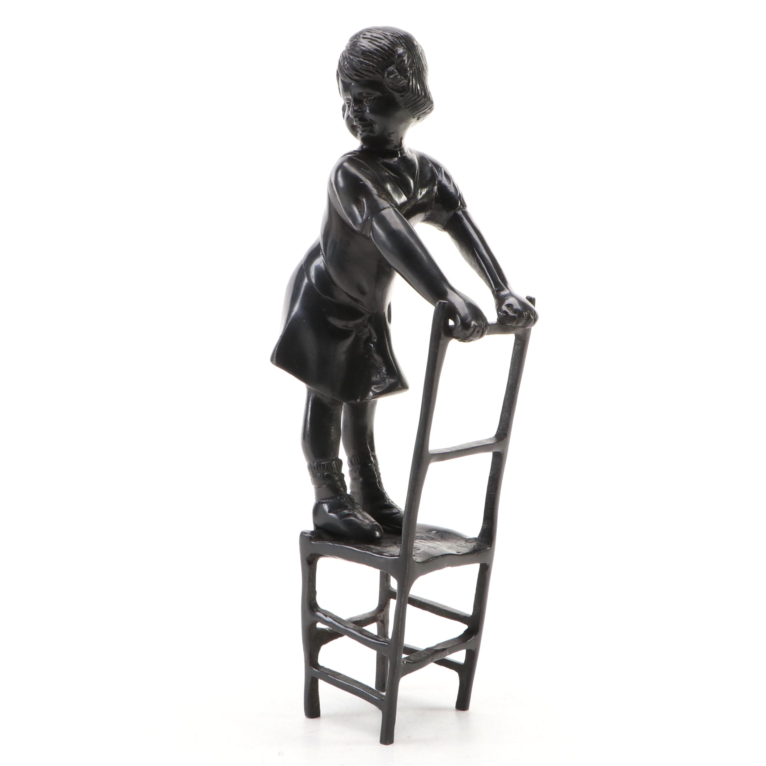 Reproduction Cast Bronze Sculpture After Juan Clara of Child Standing on Chair