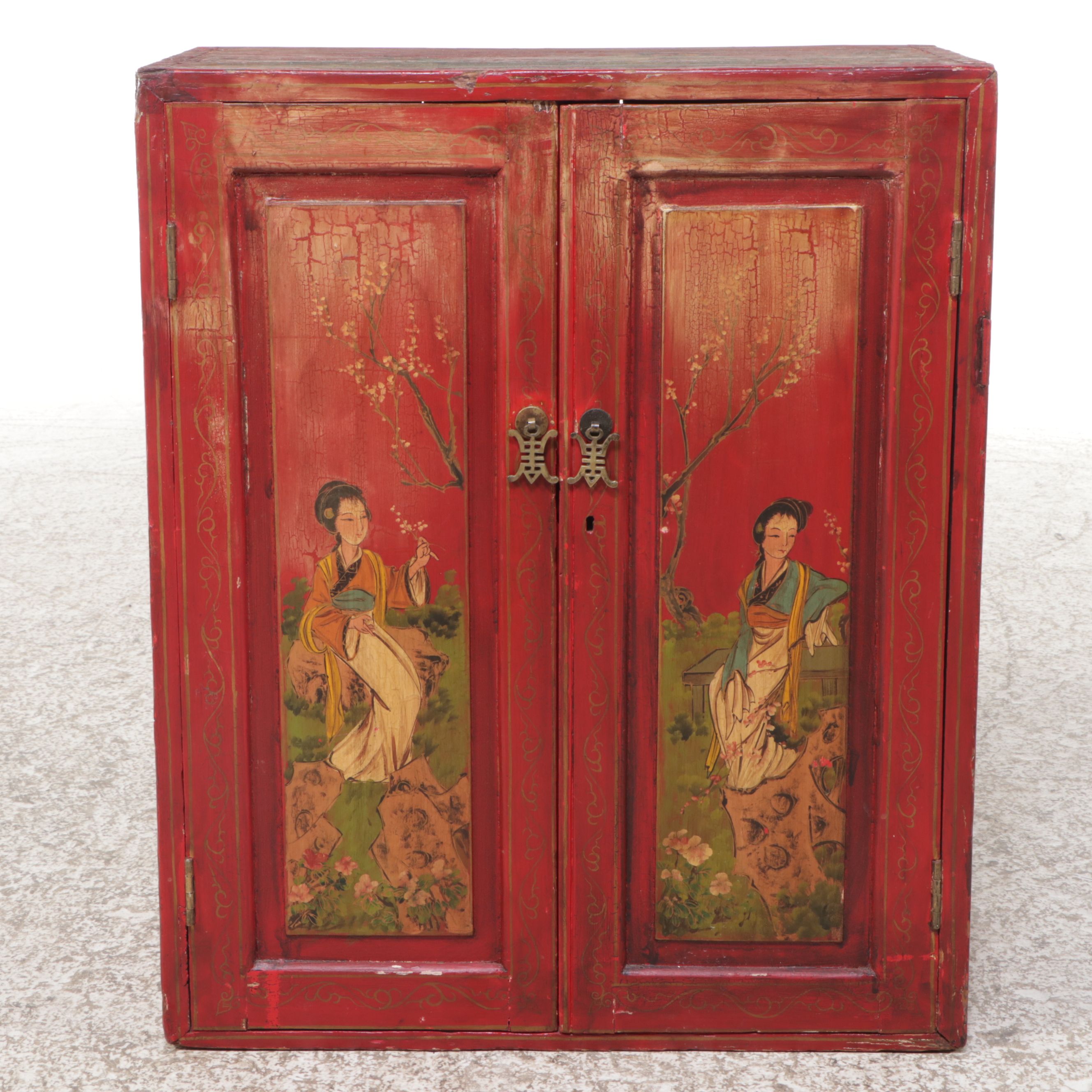 Chinese Style Red Painted Wood Bedside Cabinet