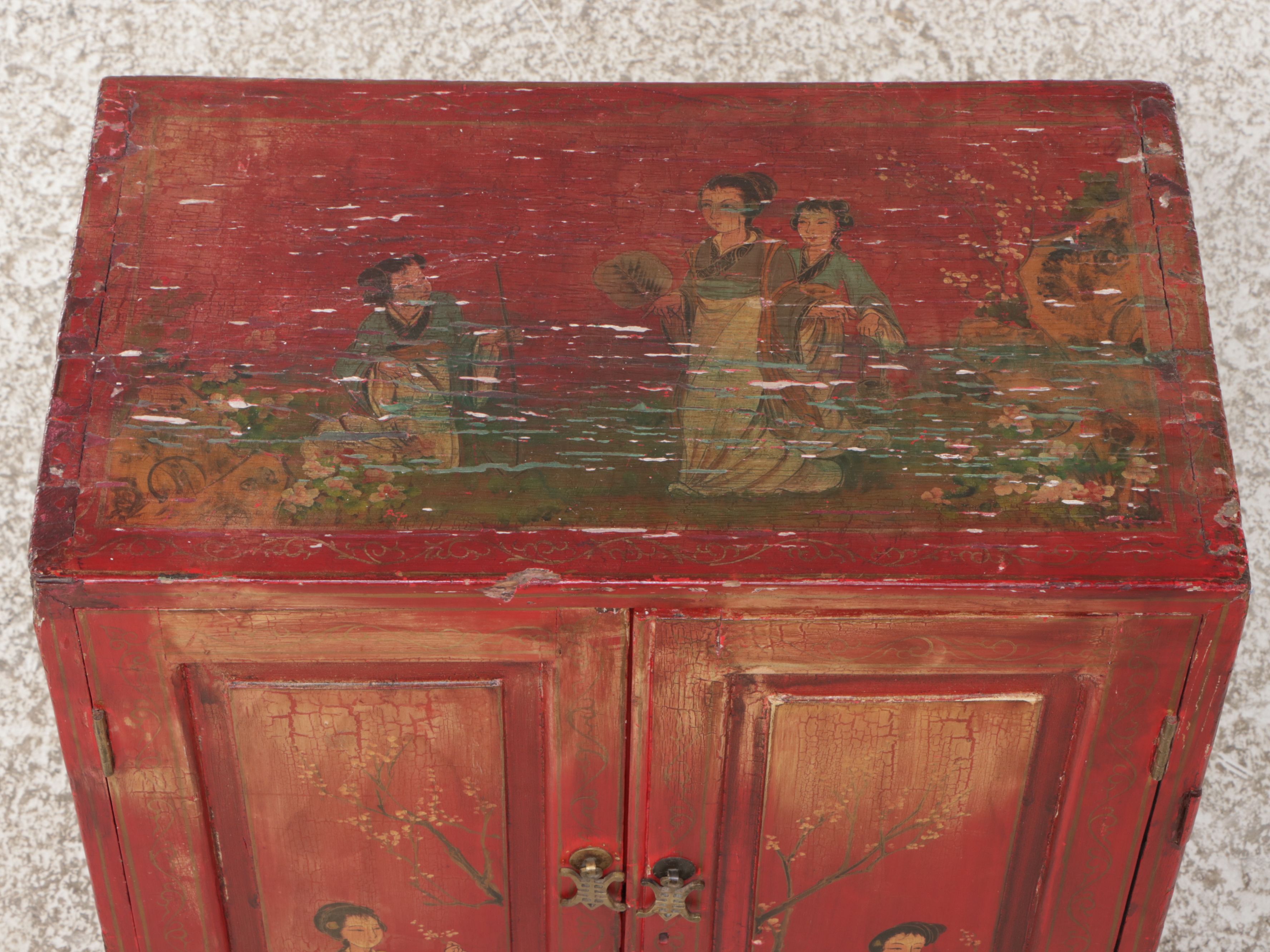 Chinese Style Red Painted Wood Bedside Cabinet
