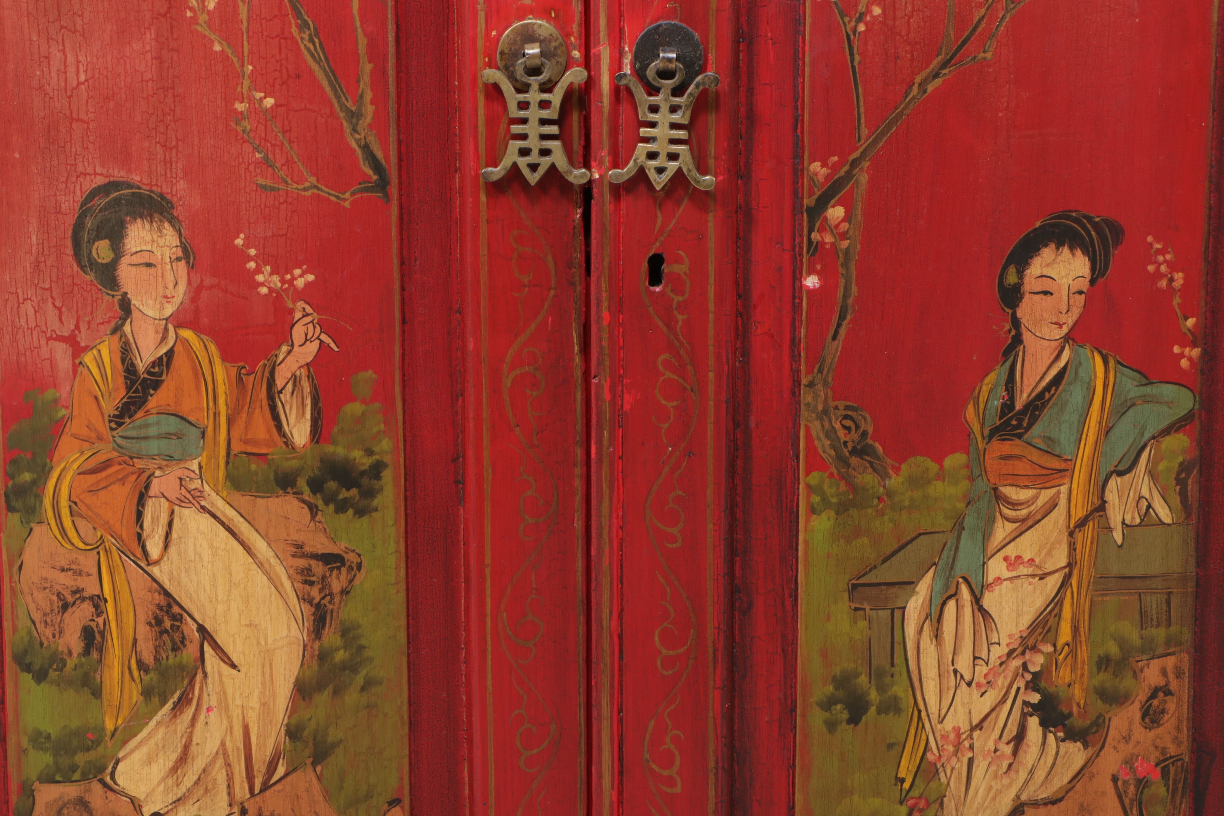 Chinese Style Red Painted Wood Bedside Cabinet