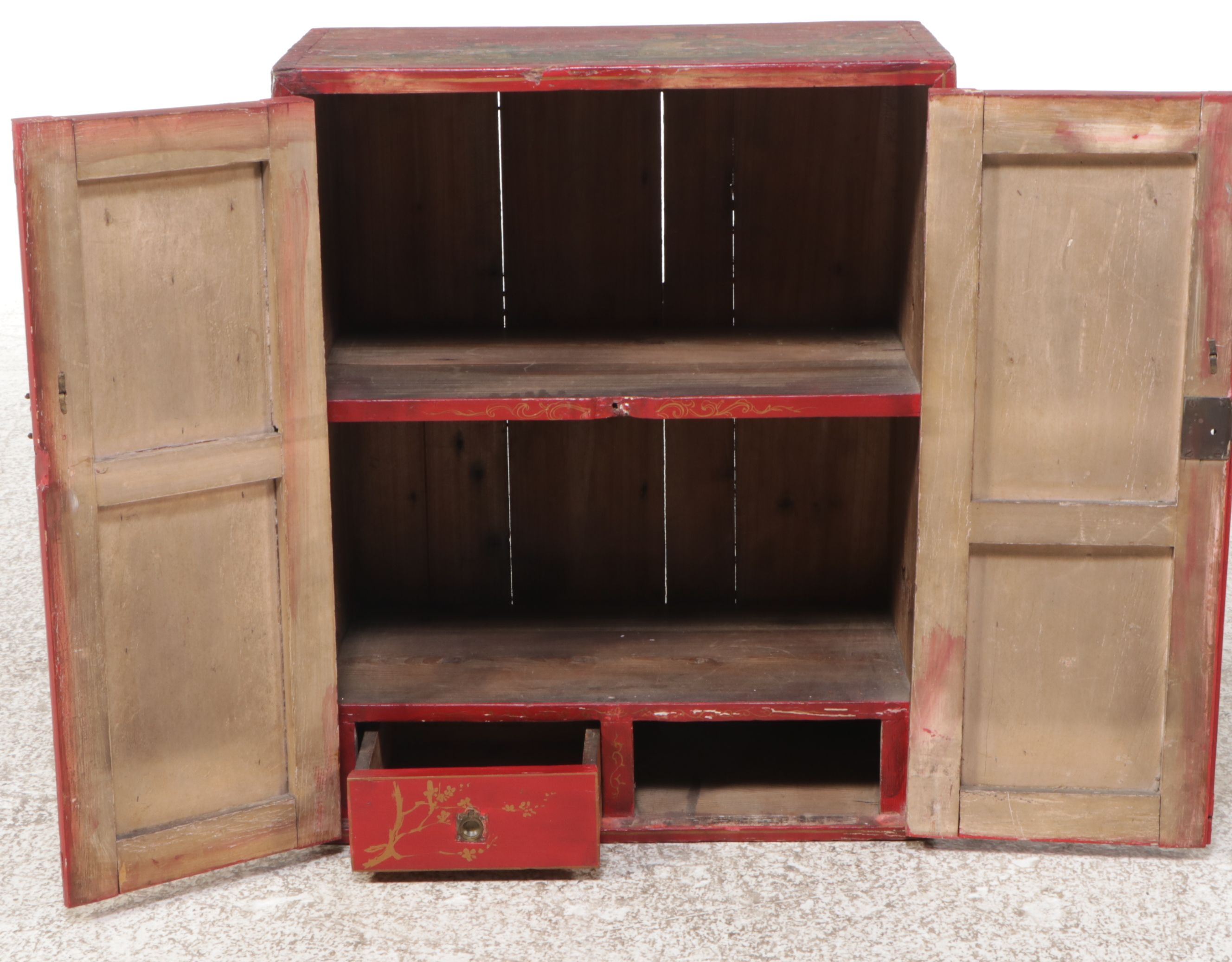 Chinese Style Red Painted Wood Bedside Cabinet