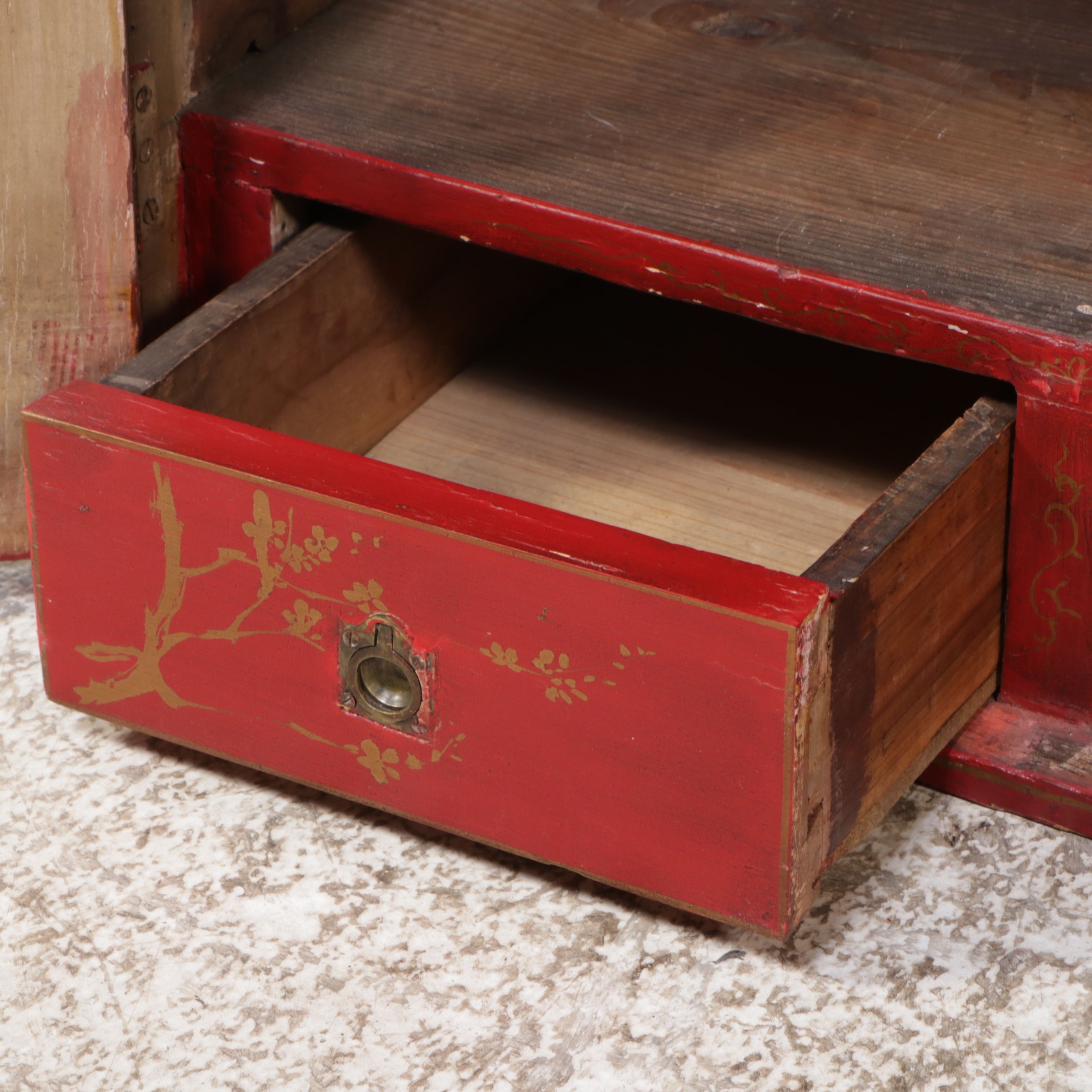 Chinese Style Red Painted Wood Bedside Cabinet