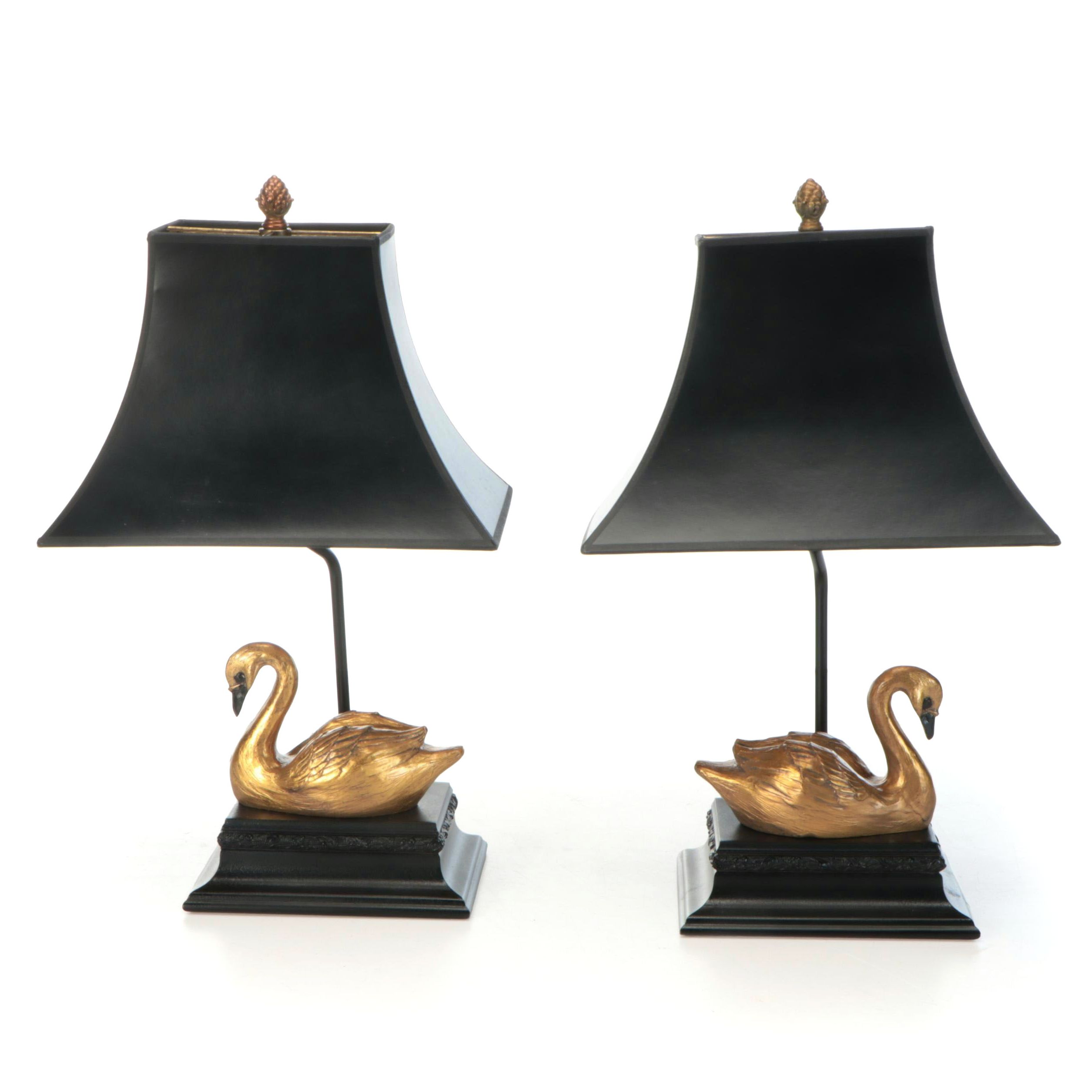 Pair of Lampcrafters Gilt Mute Swan Table Lamps with Black Paper Shades