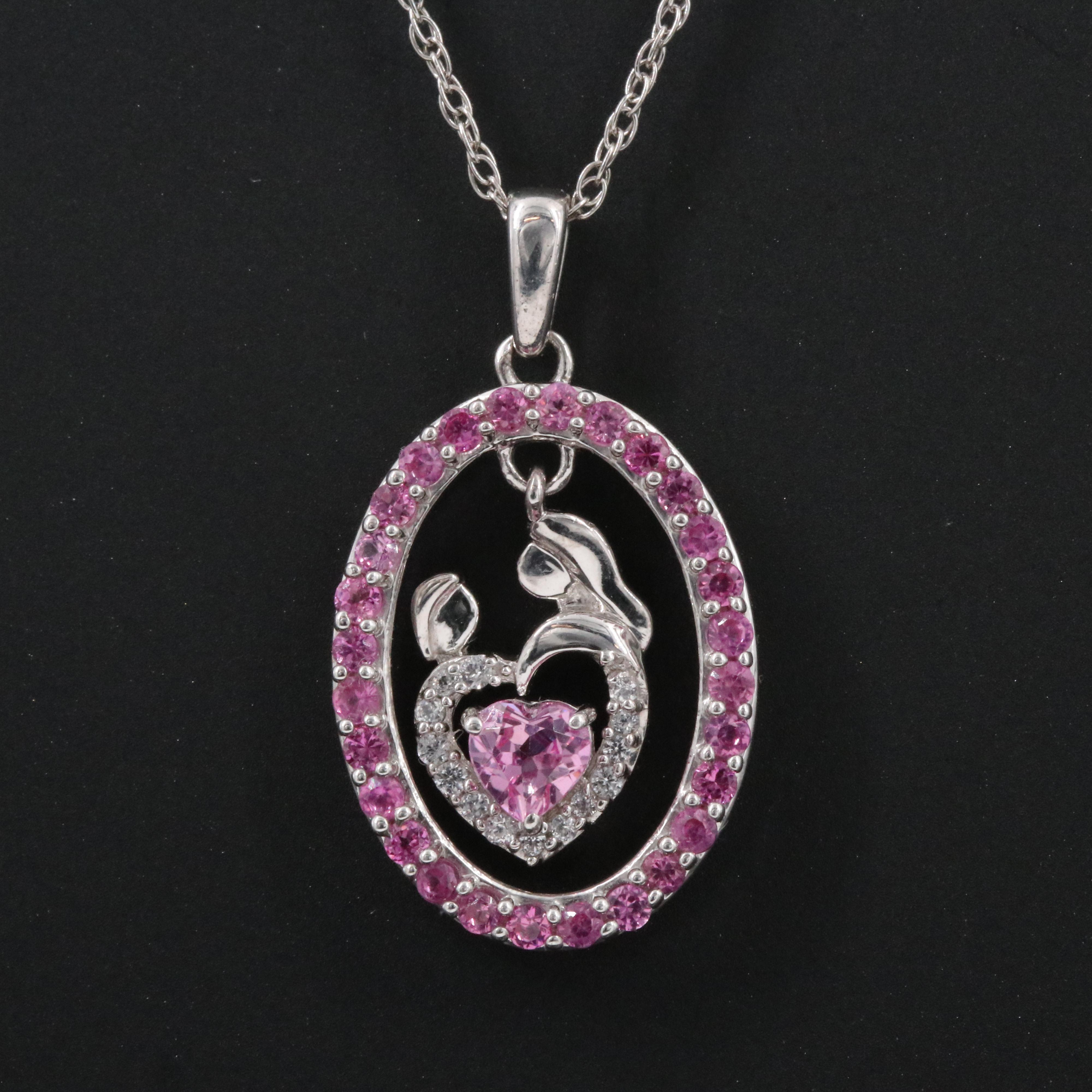 Sterling Pink and White Sapphire "Mother and Child" Pendant Necklace