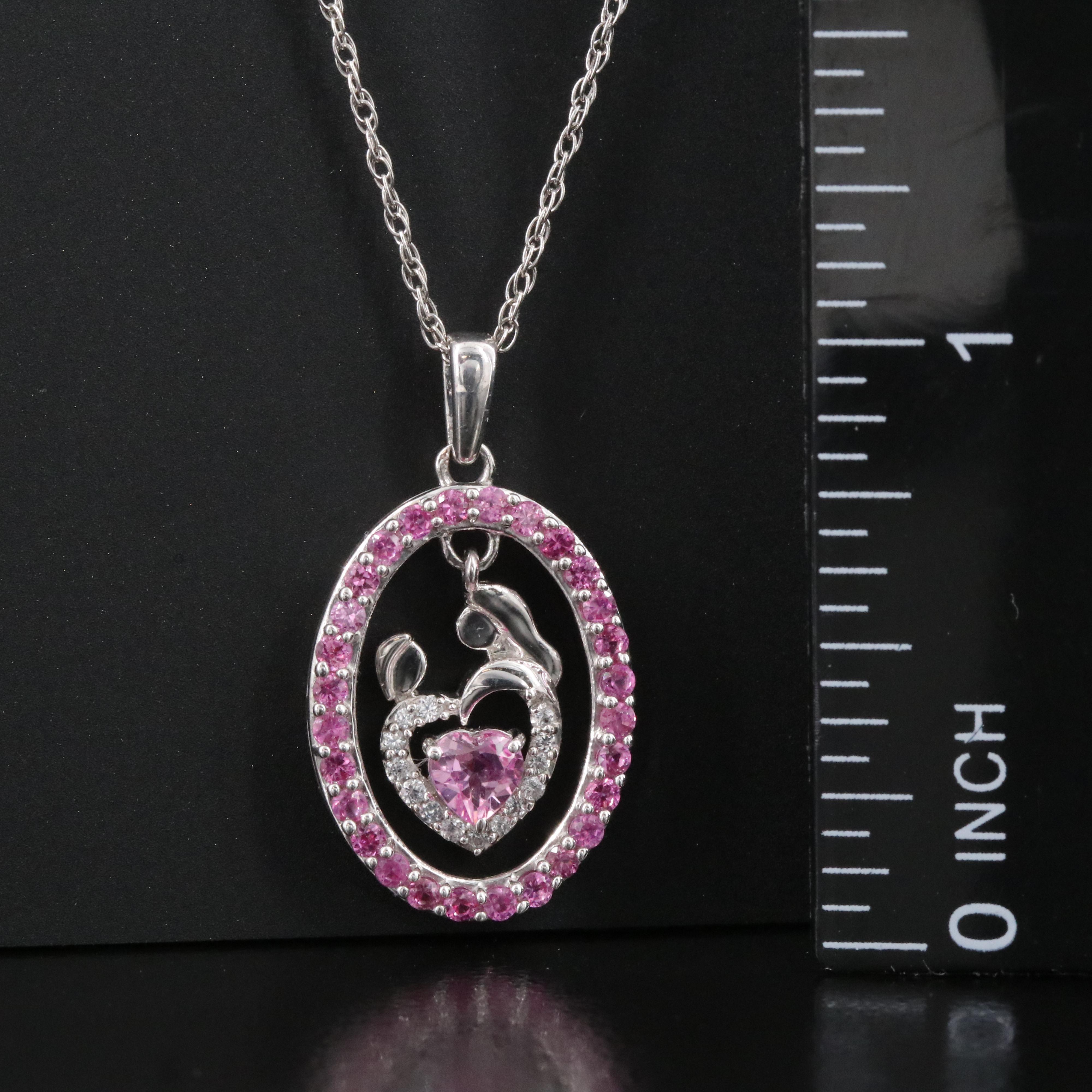 Sterling Pink and White Sapphire "Mother and Child" Pendant Necklace