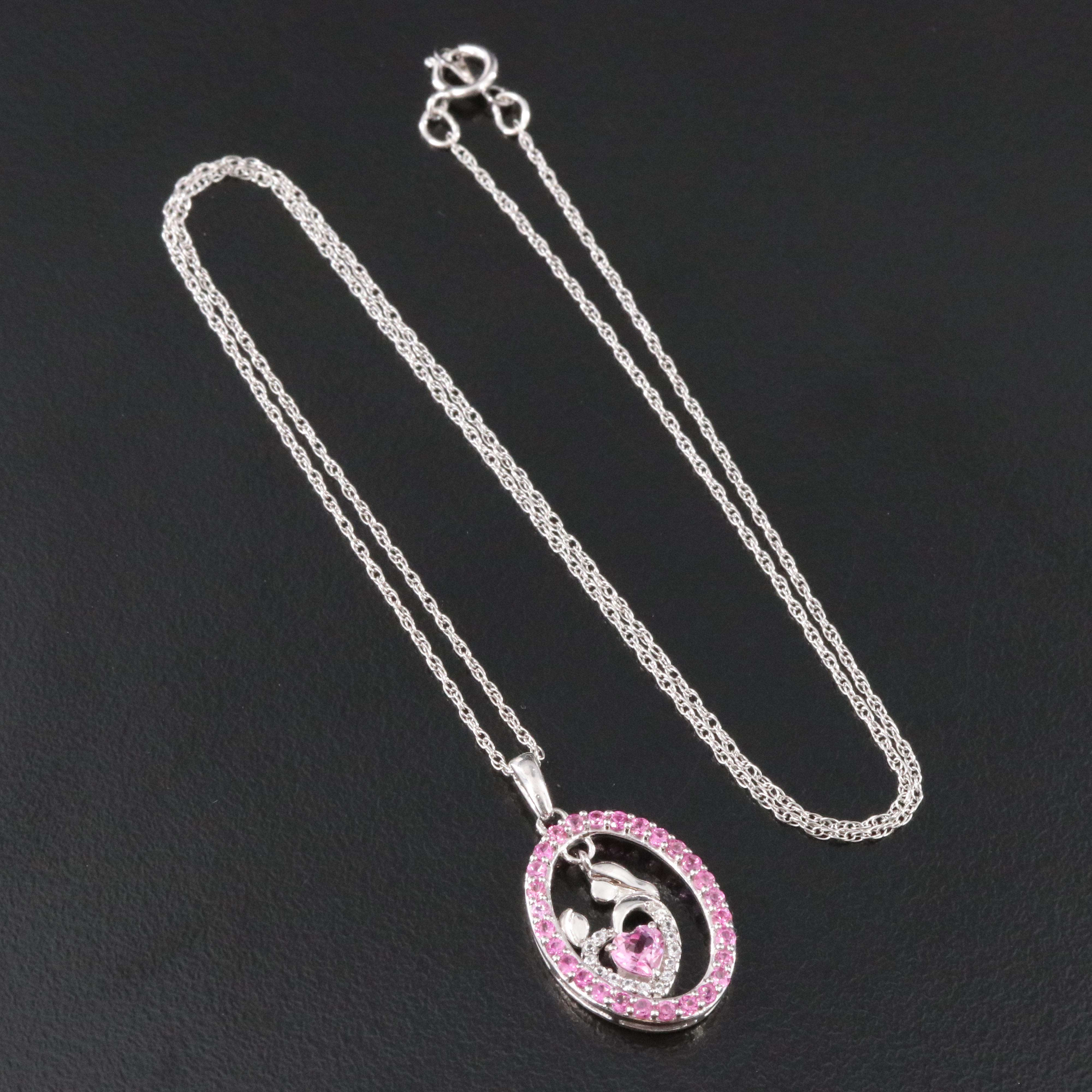 Sterling Pink and White Sapphire "Mother and Child" Pendant Necklace